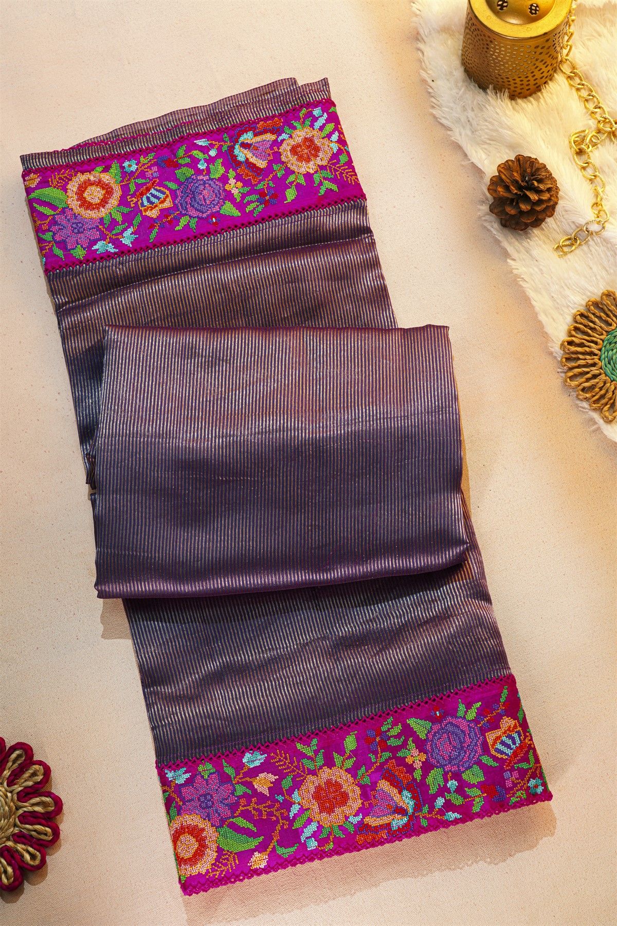 Fancy Tussar Midnight Blue Saree With Florals And Leaves In Thread Work Border