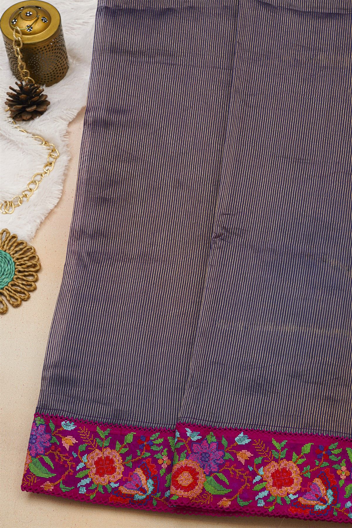 Fancy Tussar Midnight Blue Saree With Florals And Leaves In Thread Work Border