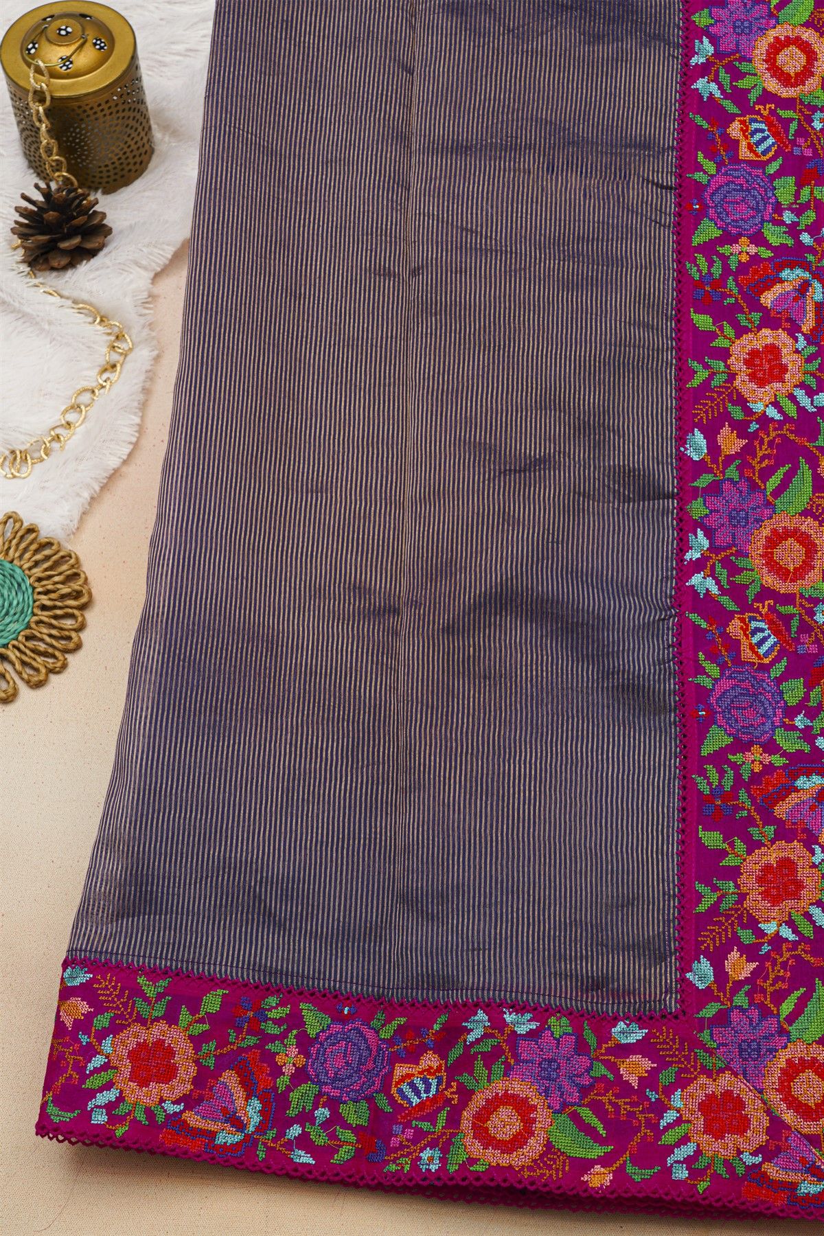 Fancy Tussar Midnight Blue Saree With Florals And Leaves In Thread Work Border
