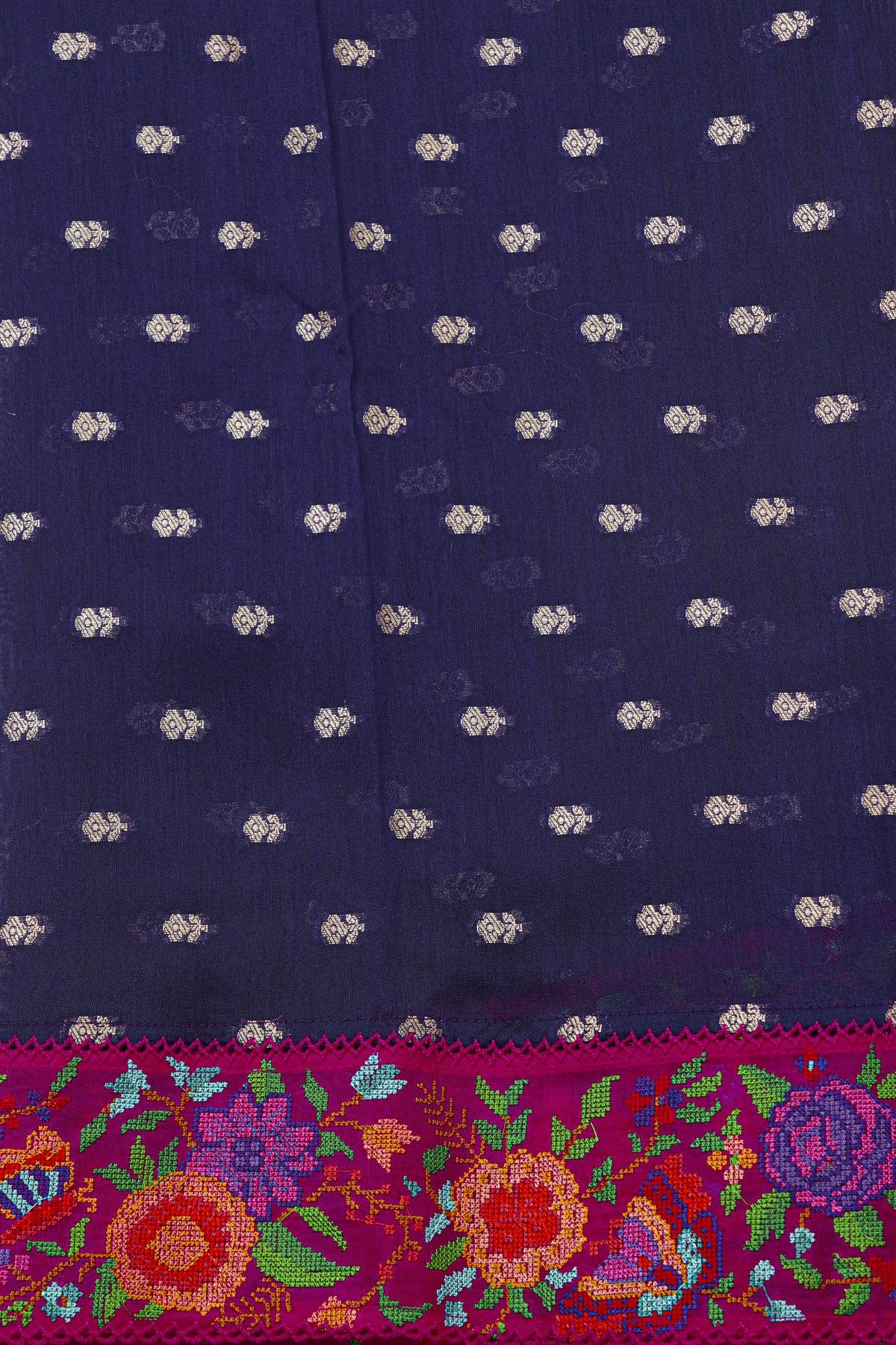 Fancy Tussar Midnight Blue Saree With Florals And Leaves In Thread Work Border