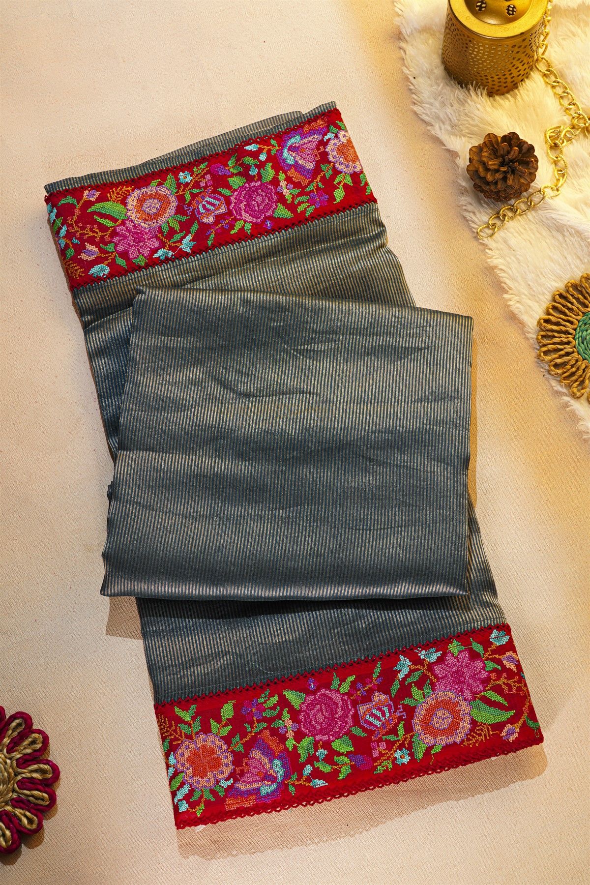 Fancy Tussar Midnight Blue Saree With Florals And Leaves In Thread Work Border