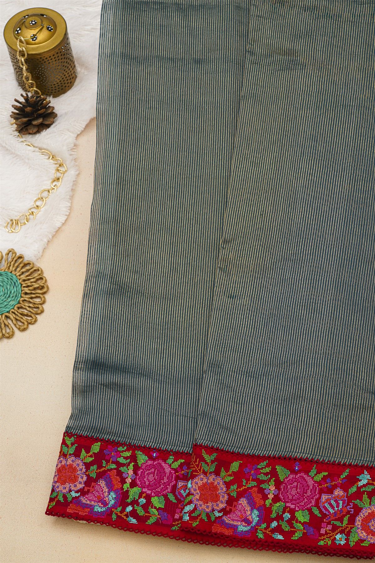 Fancy Tussar Midnight Blue Saree With Florals And Leaves In Thread Work Border