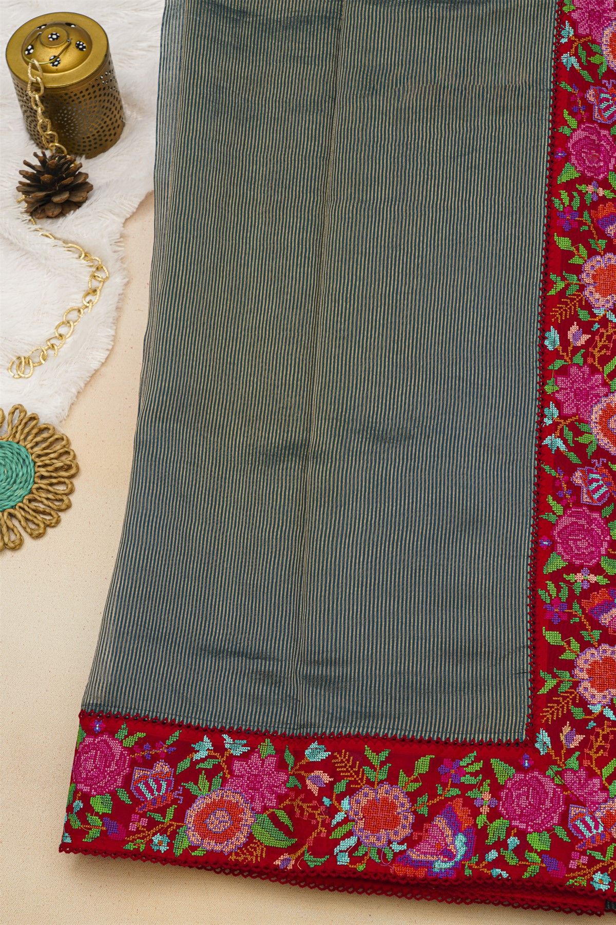 Fancy Tussar Midnight Blue Saree With Florals And Leaves In Thread Work Border