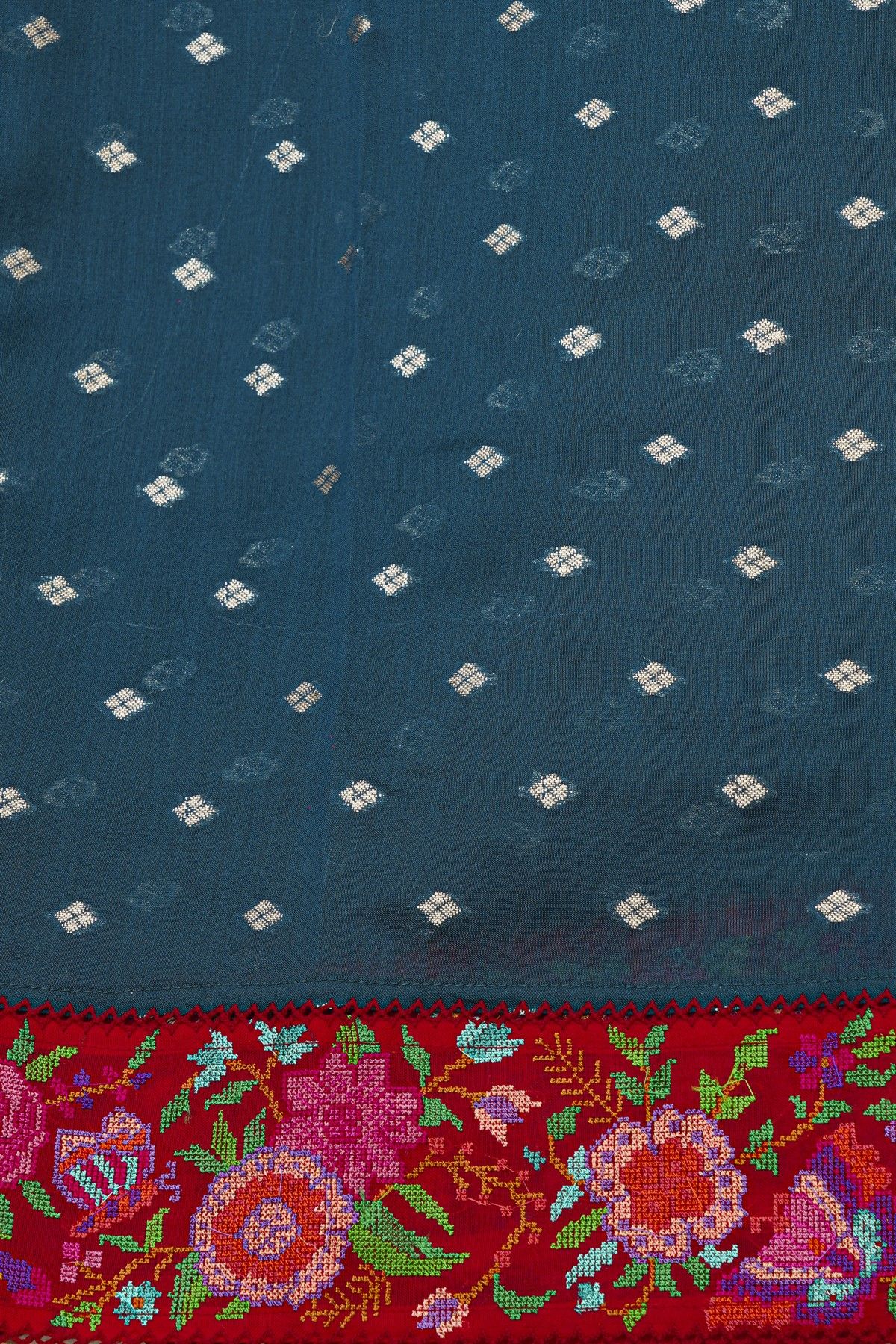 Fancy Tussar Midnight Blue Saree With Florals And Leaves In Thread Work Border