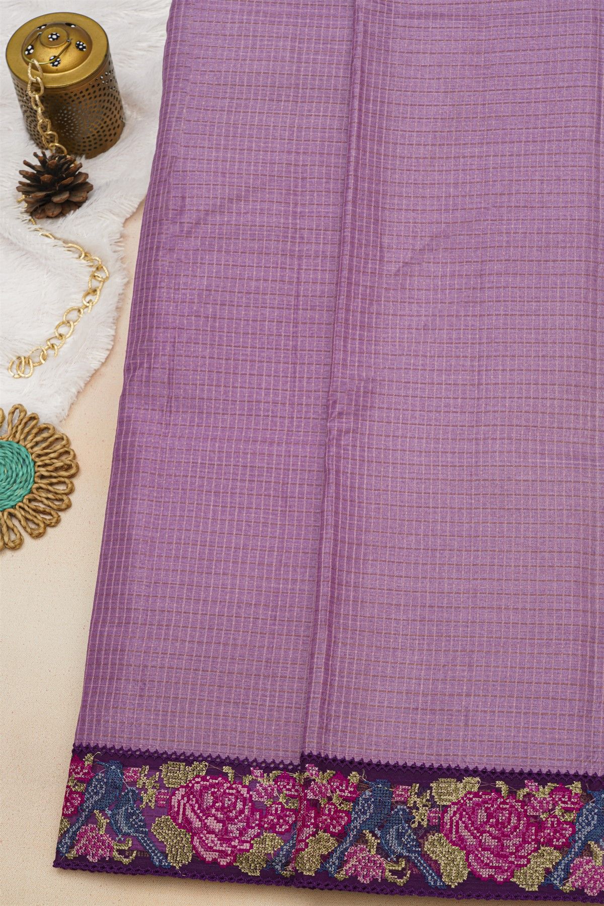 Fancy Tussar Lavender Saree With Florals And Leaves In Thread Work Border