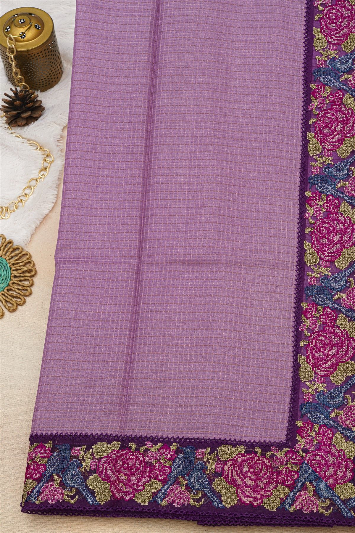 Fancy Tussar Lavender Saree With Florals And Leaves In Thread Work Border