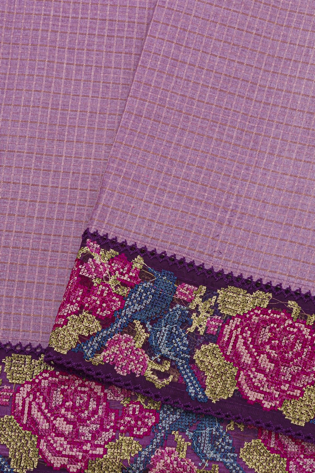 Fancy Tussar Lavender Saree With Florals And Leaves In Thread Work Border