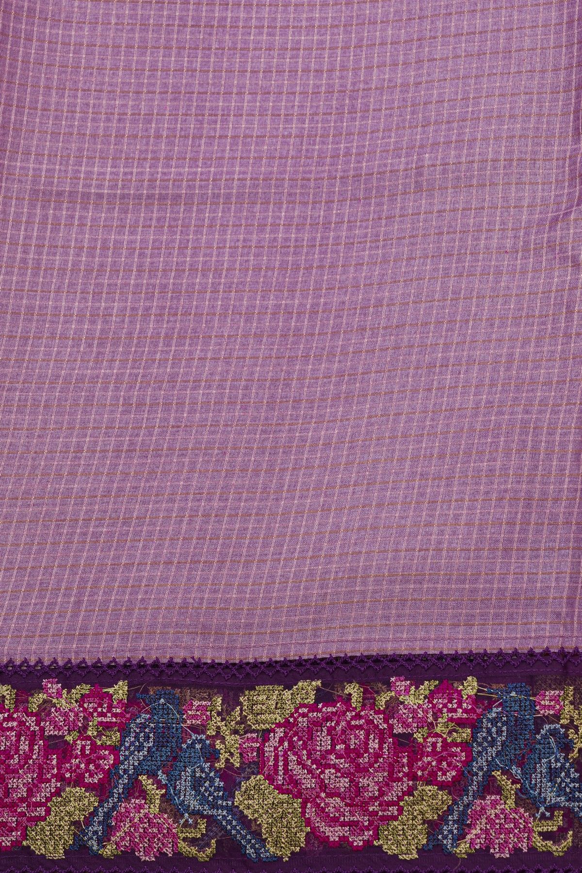 Fancy Tussar Lavender Saree With Florals And Leaves In Thread Work Border