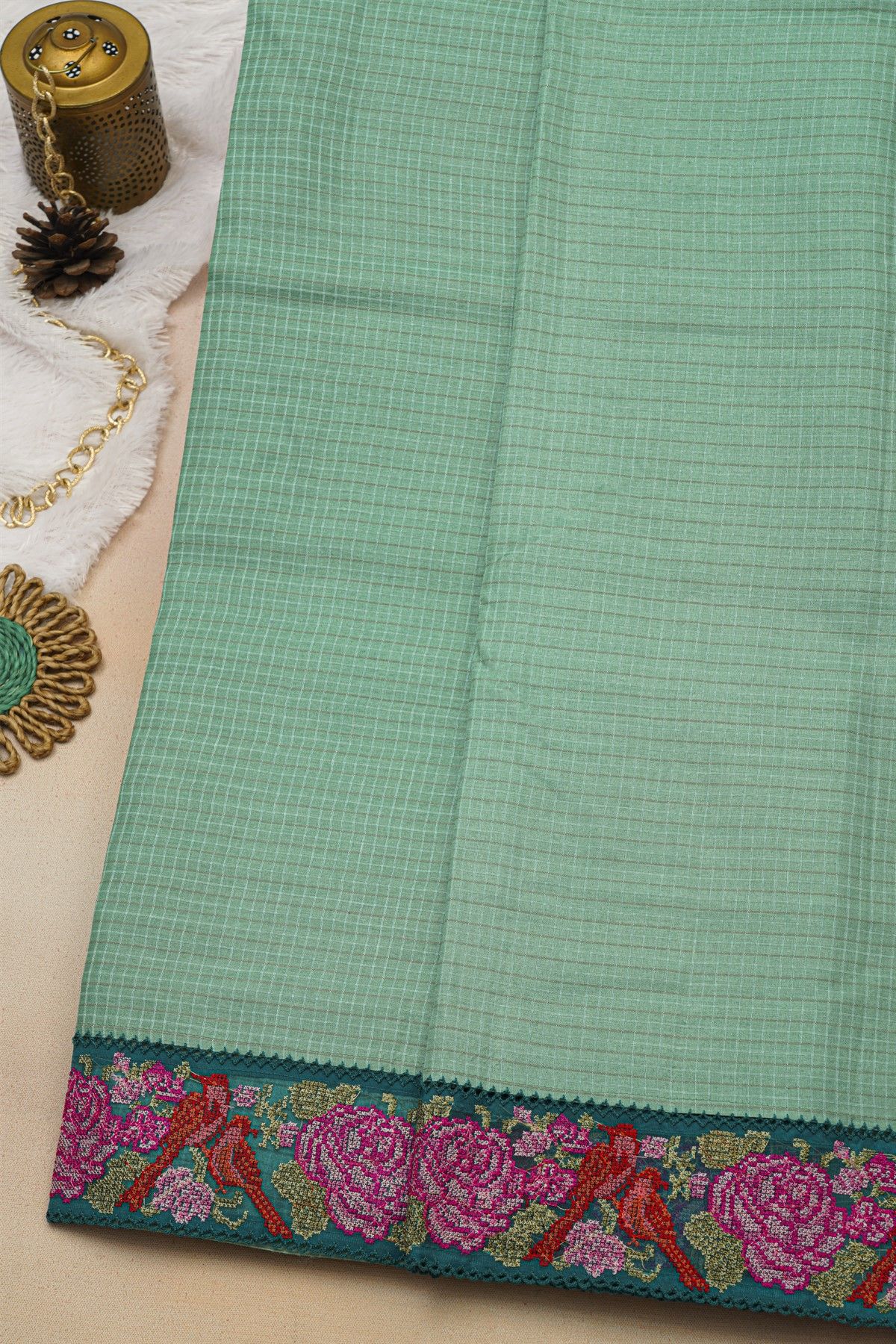 Fancy Tussar Sea Green Saree With Florals And Leaves In Thread Work Border