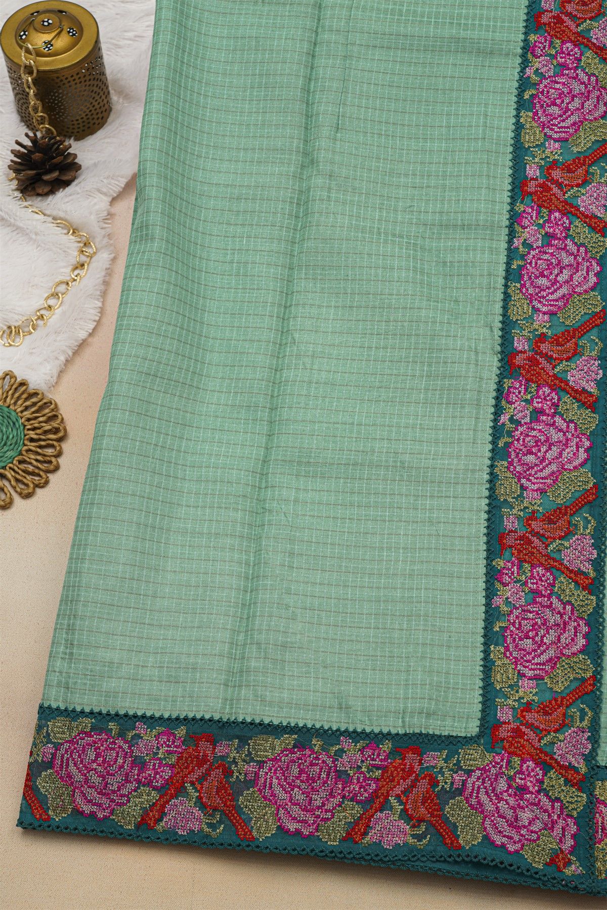 Fancy Tussar Sea Green Saree With Florals And Leaves In Thread Work Border