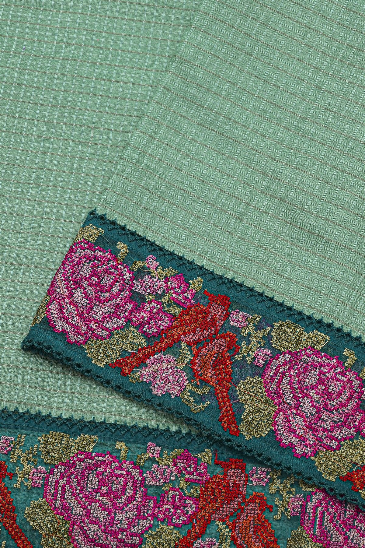Fancy Tussar Sea Green Saree With Florals And Leaves In Thread Work Border