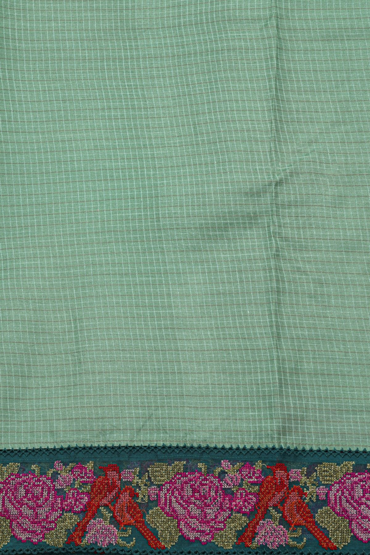 Fancy Tussar Sea Green Saree With Florals And Leaves In Thread Work Border
