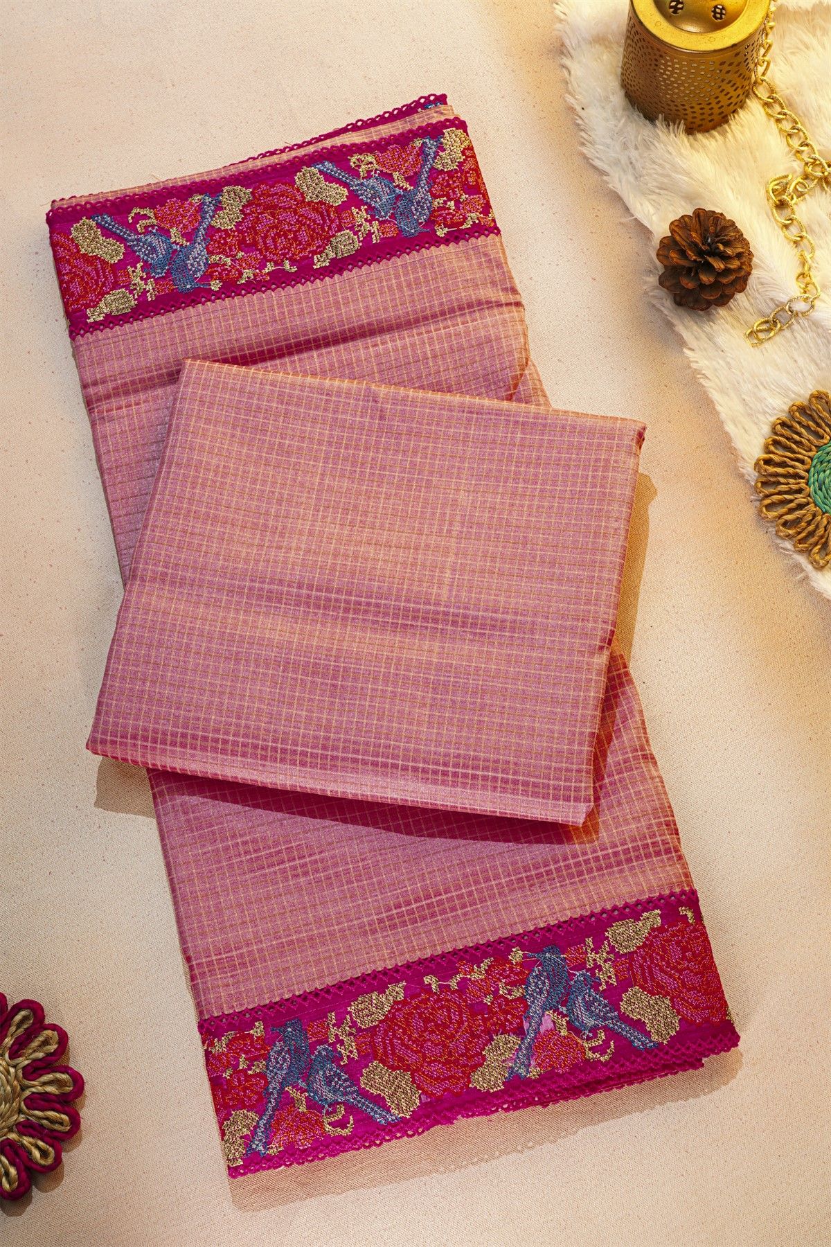 Fancy Tussar Baby Pink Saree With Florals And Leaves In Thread Work Border