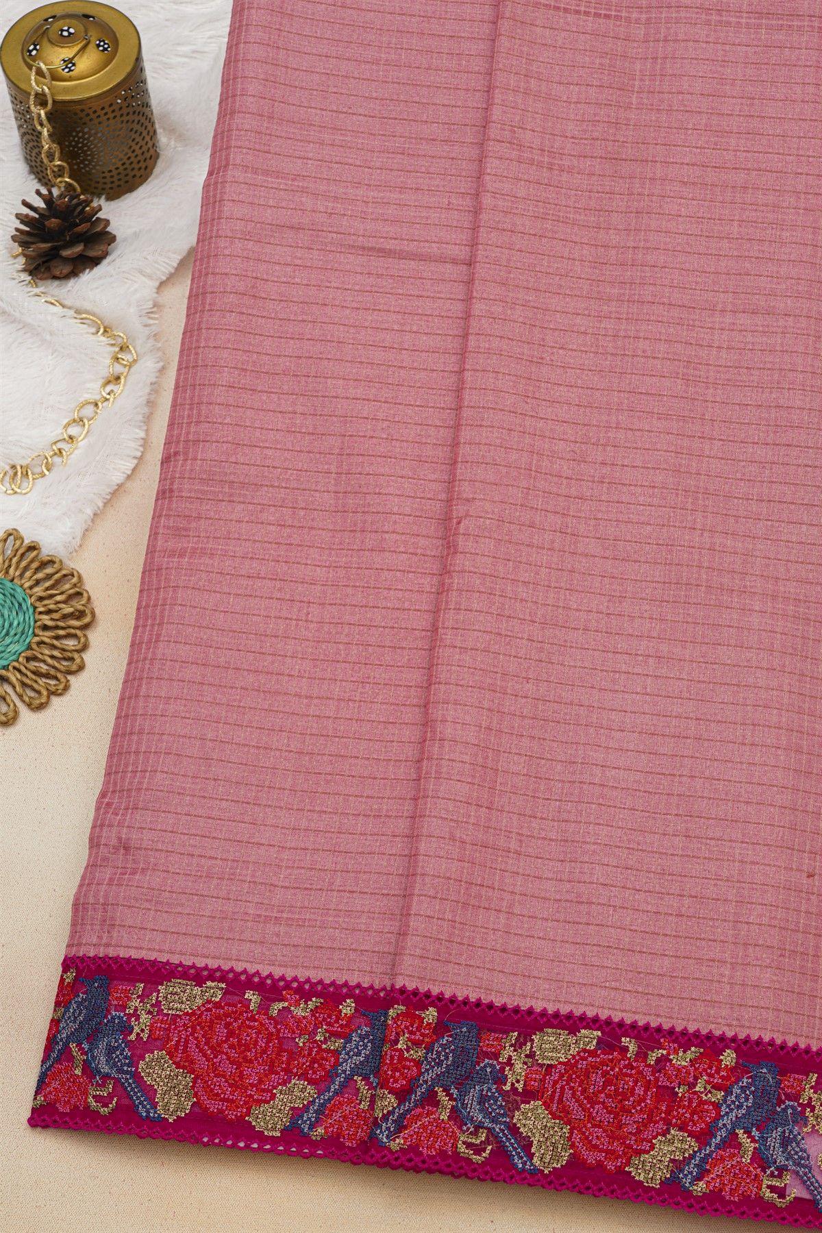 Fancy Tussar Baby Pink Saree With Florals And Leaves In Thread Work Border