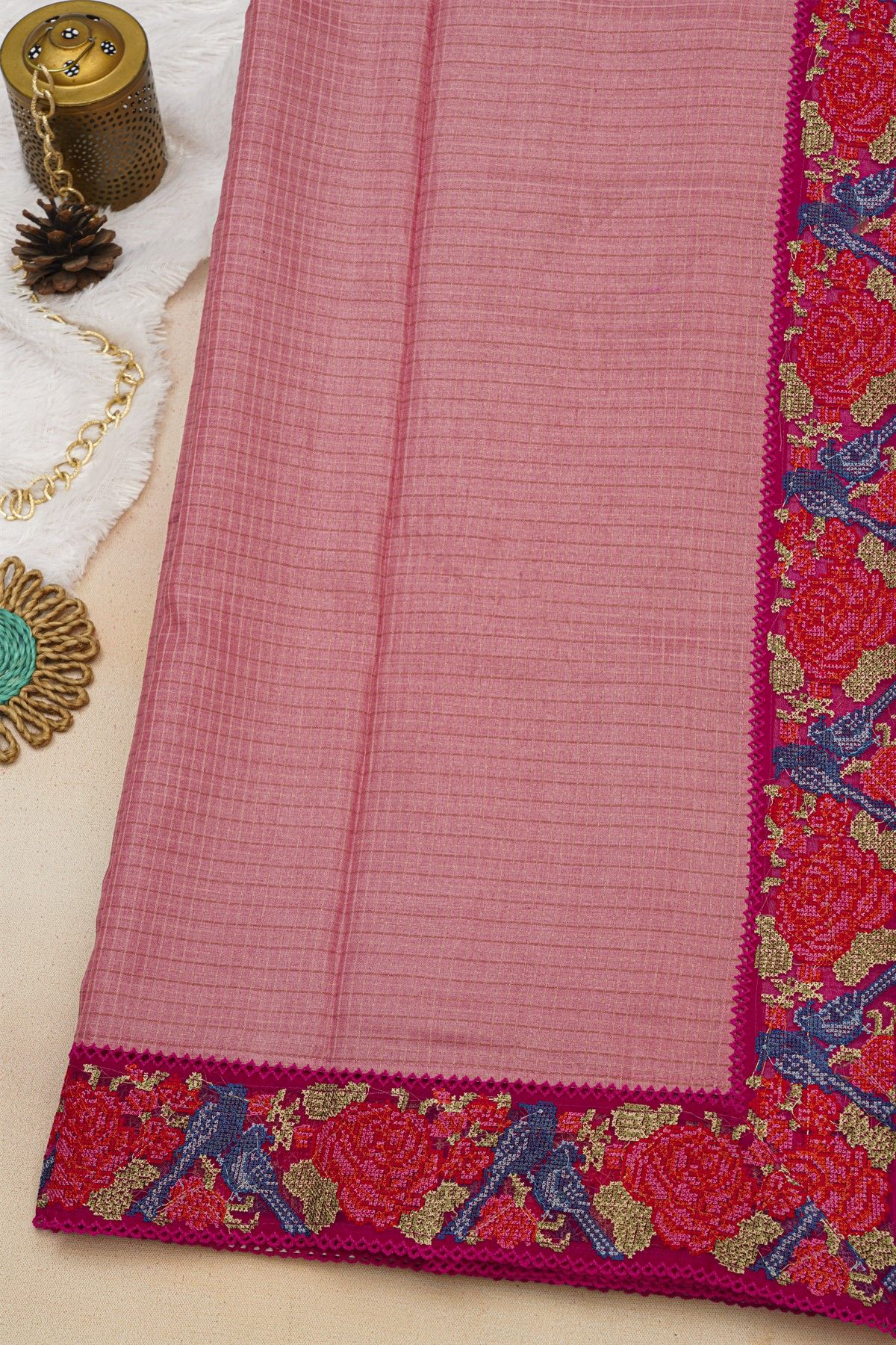Fancy Tussar Baby Pink Saree With Florals And Leaves In Thread Work Border