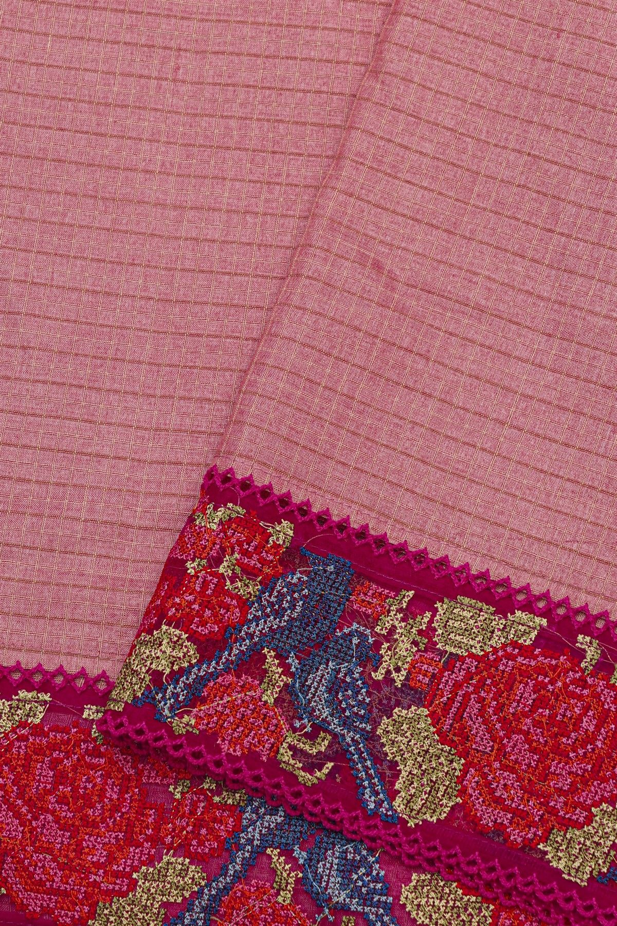 Fancy Tussar Baby Pink Saree With Florals And Leaves In Thread Work Border