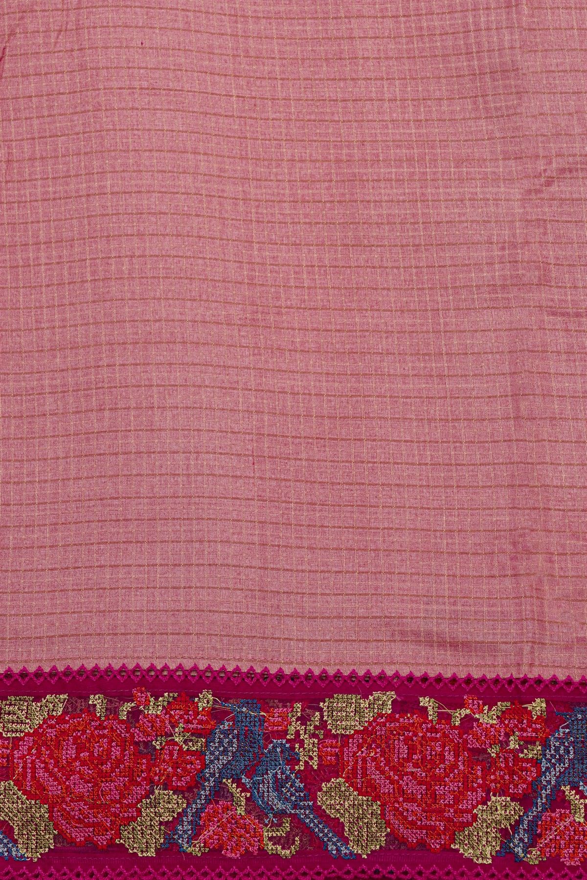 Fancy Tussar Baby Pink Saree With Florals And Leaves In Thread Work Border