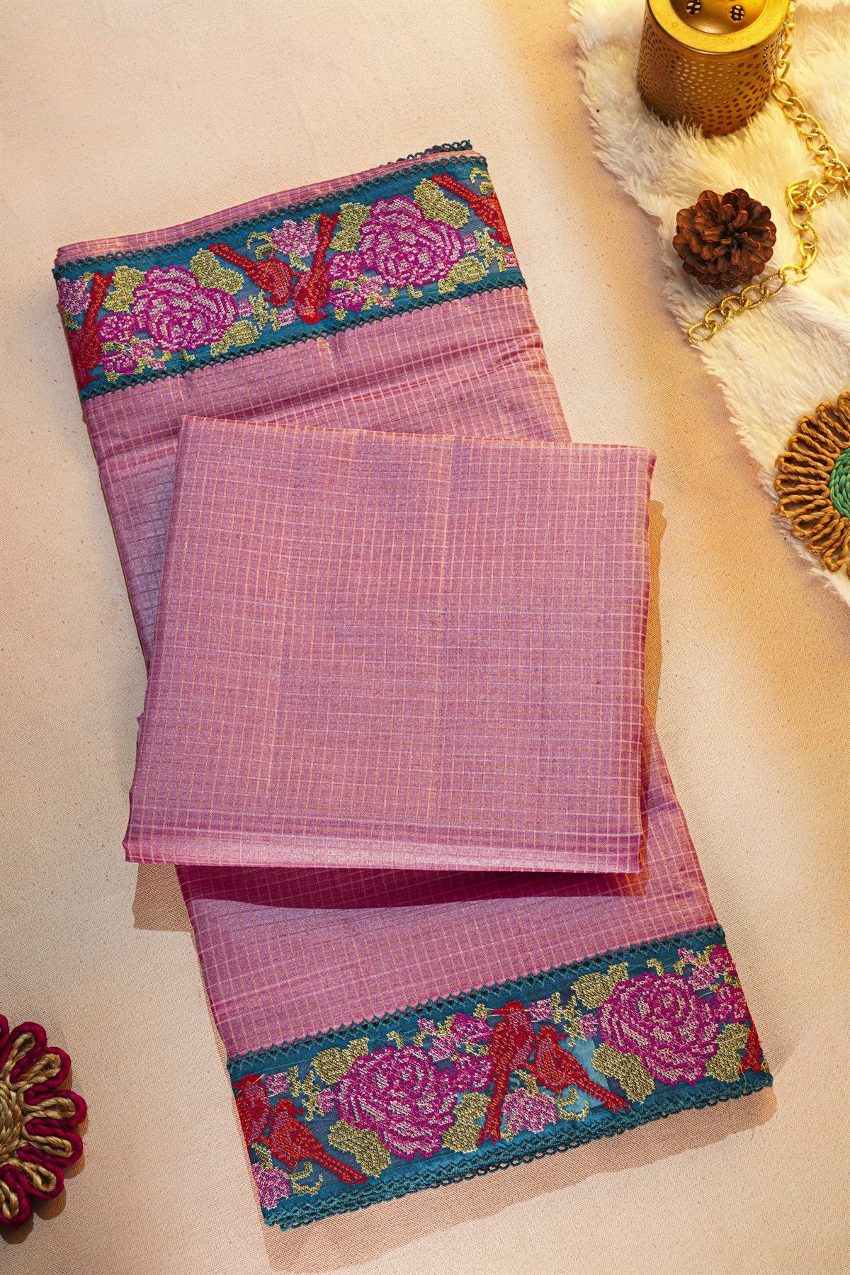 Fancy Tussar Lavender Saree With Florals And Leaves In Thread Work Border