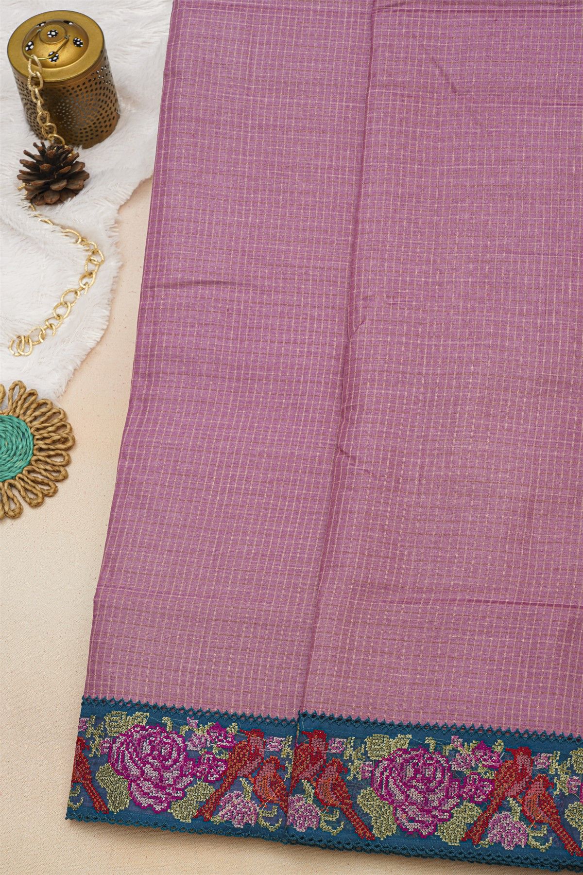 Fancy Tussar Lavender Saree With Florals And Leaves In Thread Work Border
