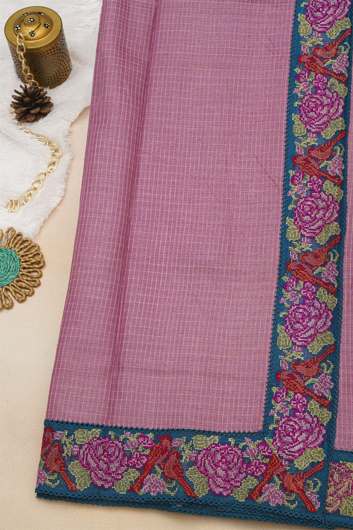 Fancy Tussar Lavender Saree With Florals And Leaves In Thread Work Border