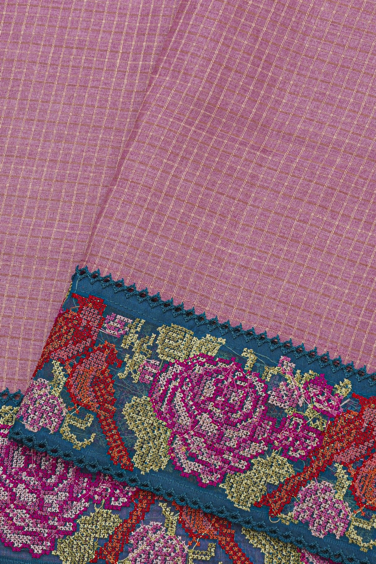 Fancy Tussar Lavender Saree With Florals And Leaves In Thread Work Border