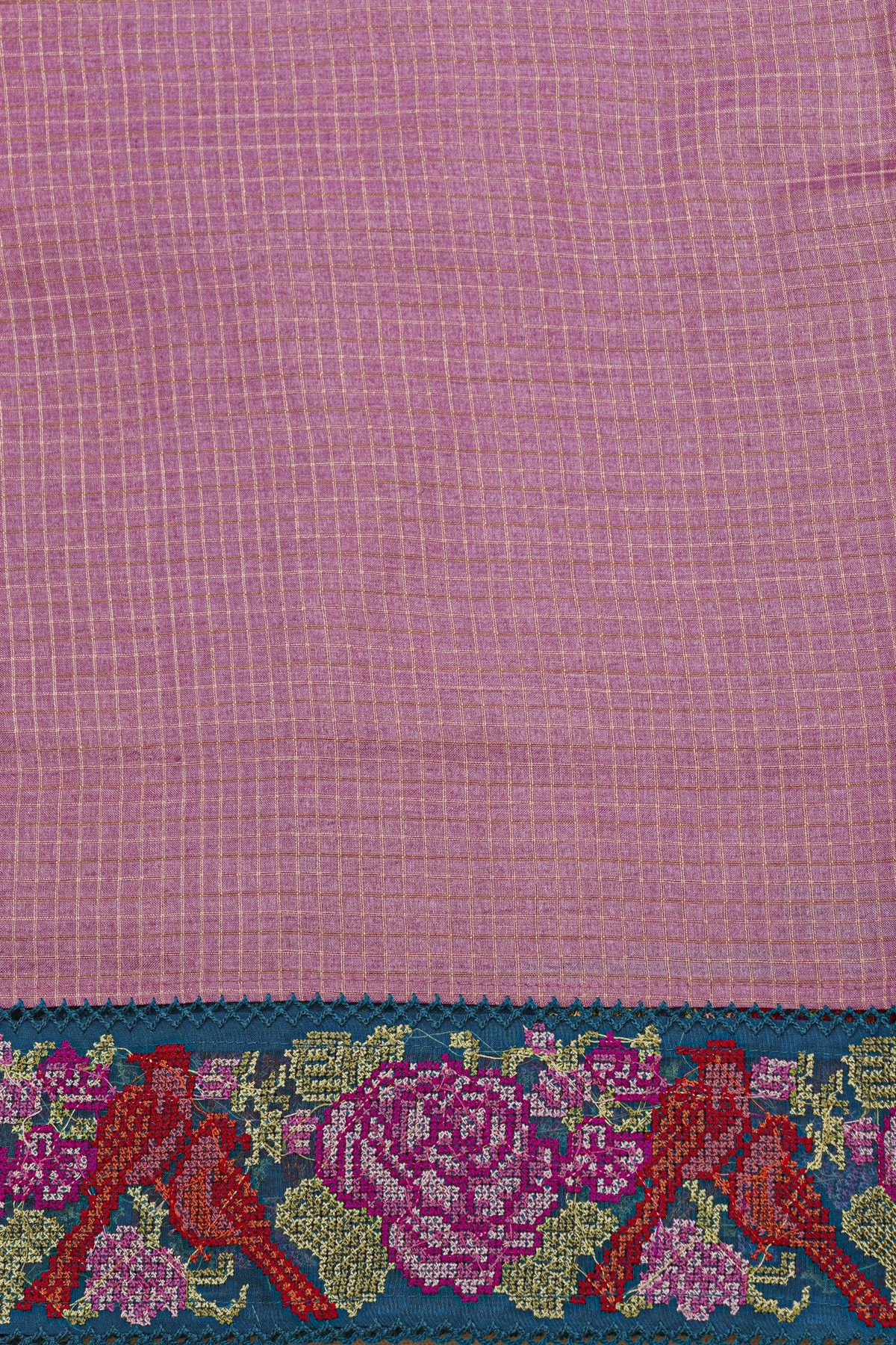 Fancy Tussar Lavender Saree With Florals And Leaves In Thread Work Border