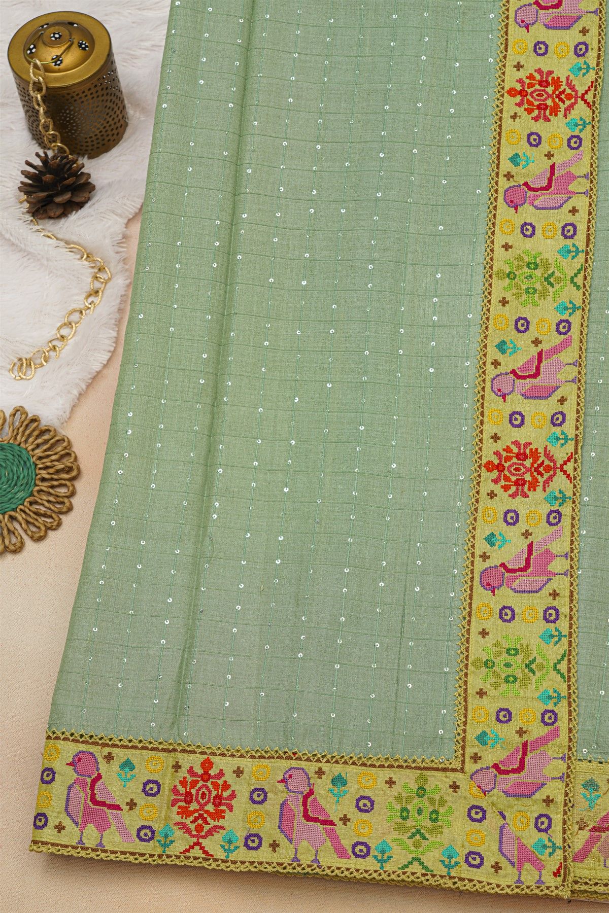 Fancy Tussar Pista Green Saree With Cross Stich Work Border