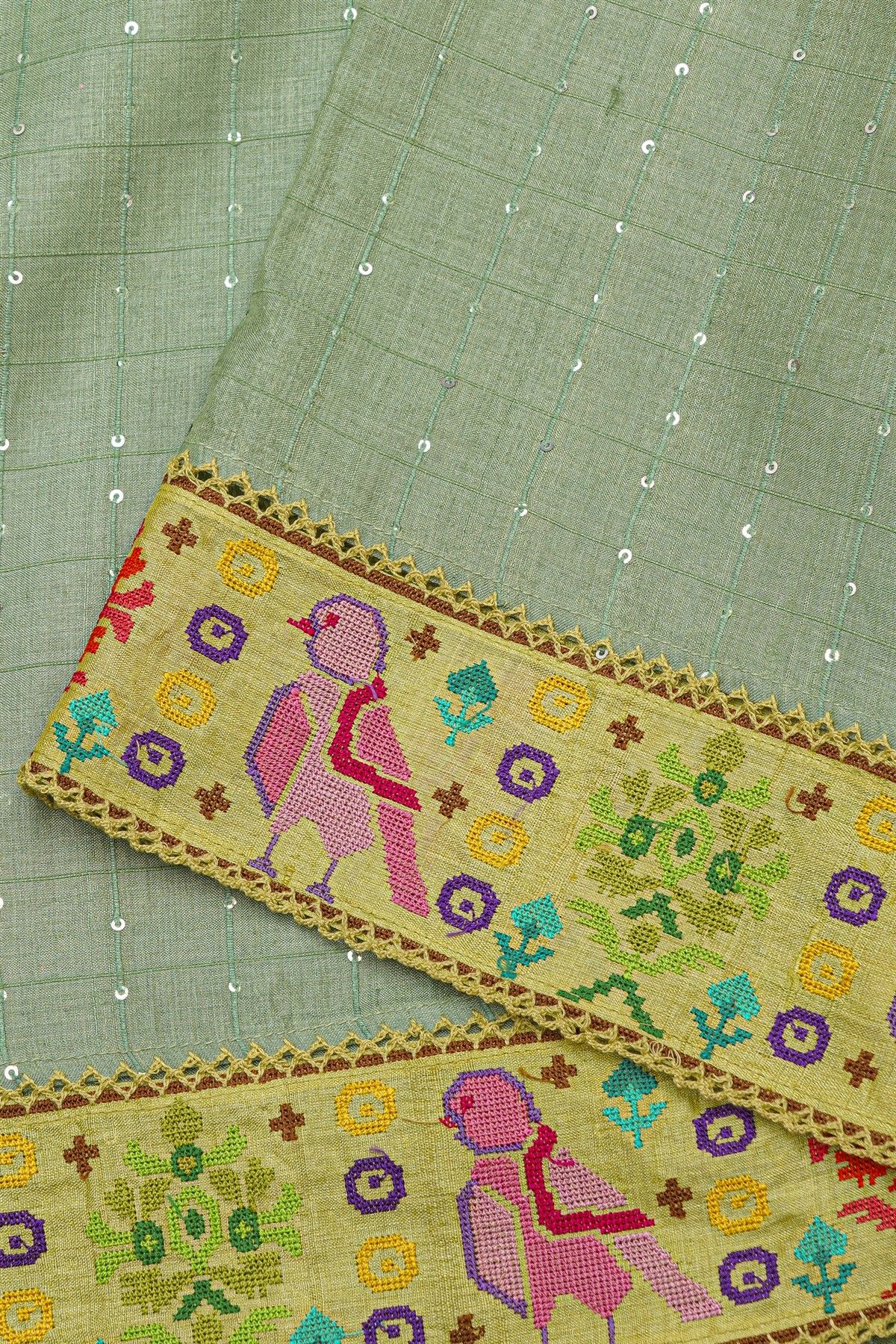 Fancy Tussar Pista Green Saree With Cross Stich Work Border