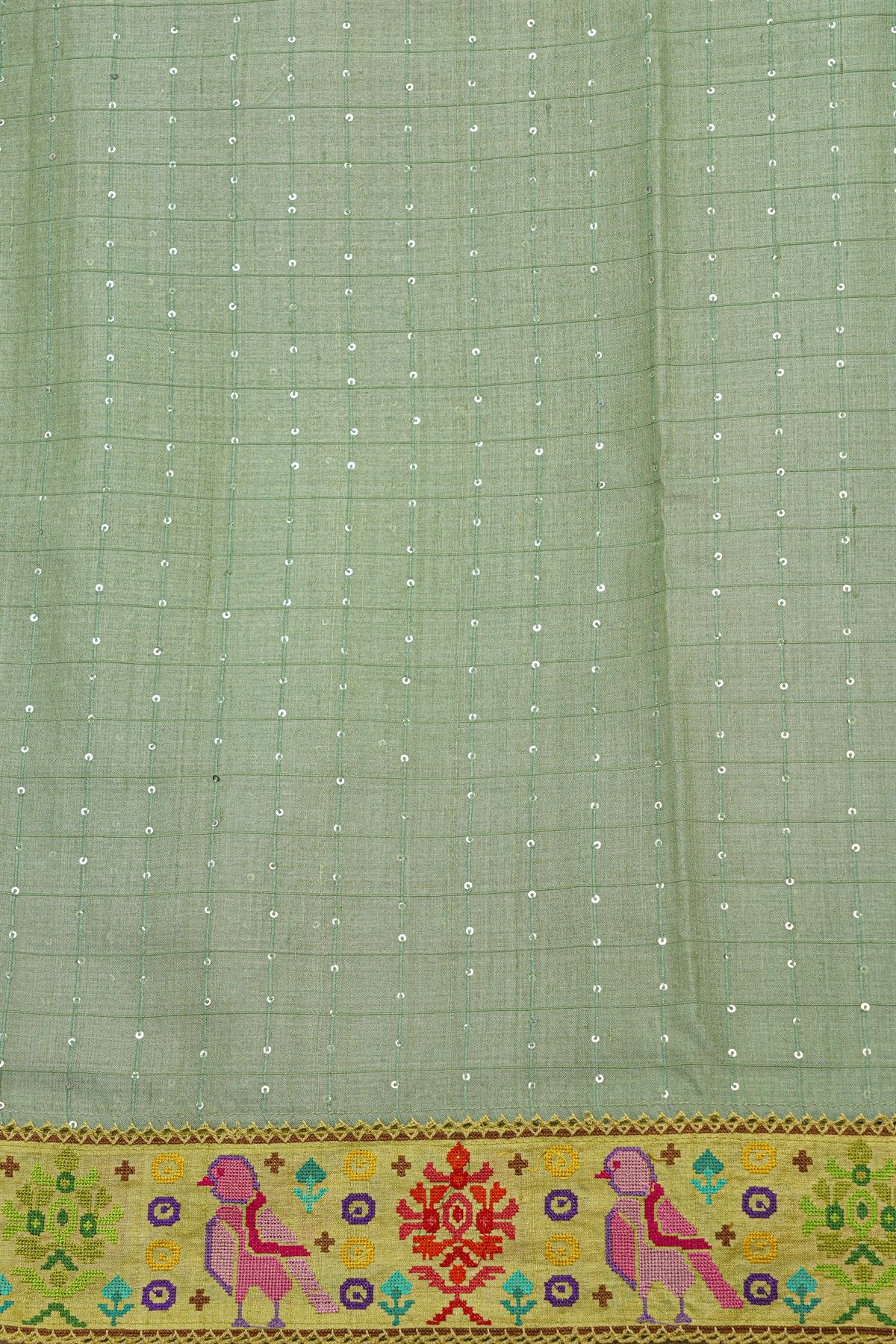 Fancy Tussar Pista Green Saree With Cross Stich Work Border