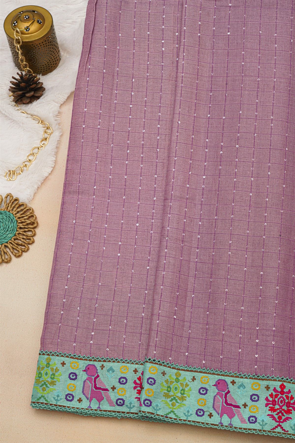 Fancy Tussar Onion Pink Saree With Cross Stich Work Border