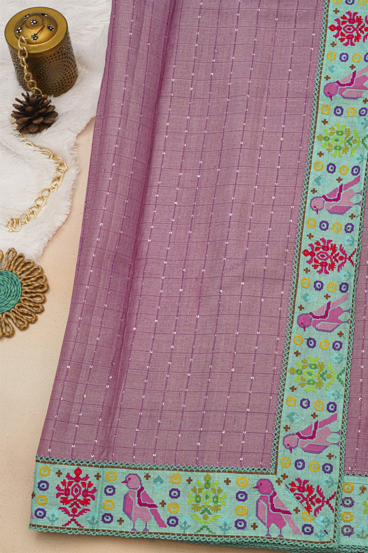 Fancy Tussar Onion Pink Saree With Cross Stich Work Border