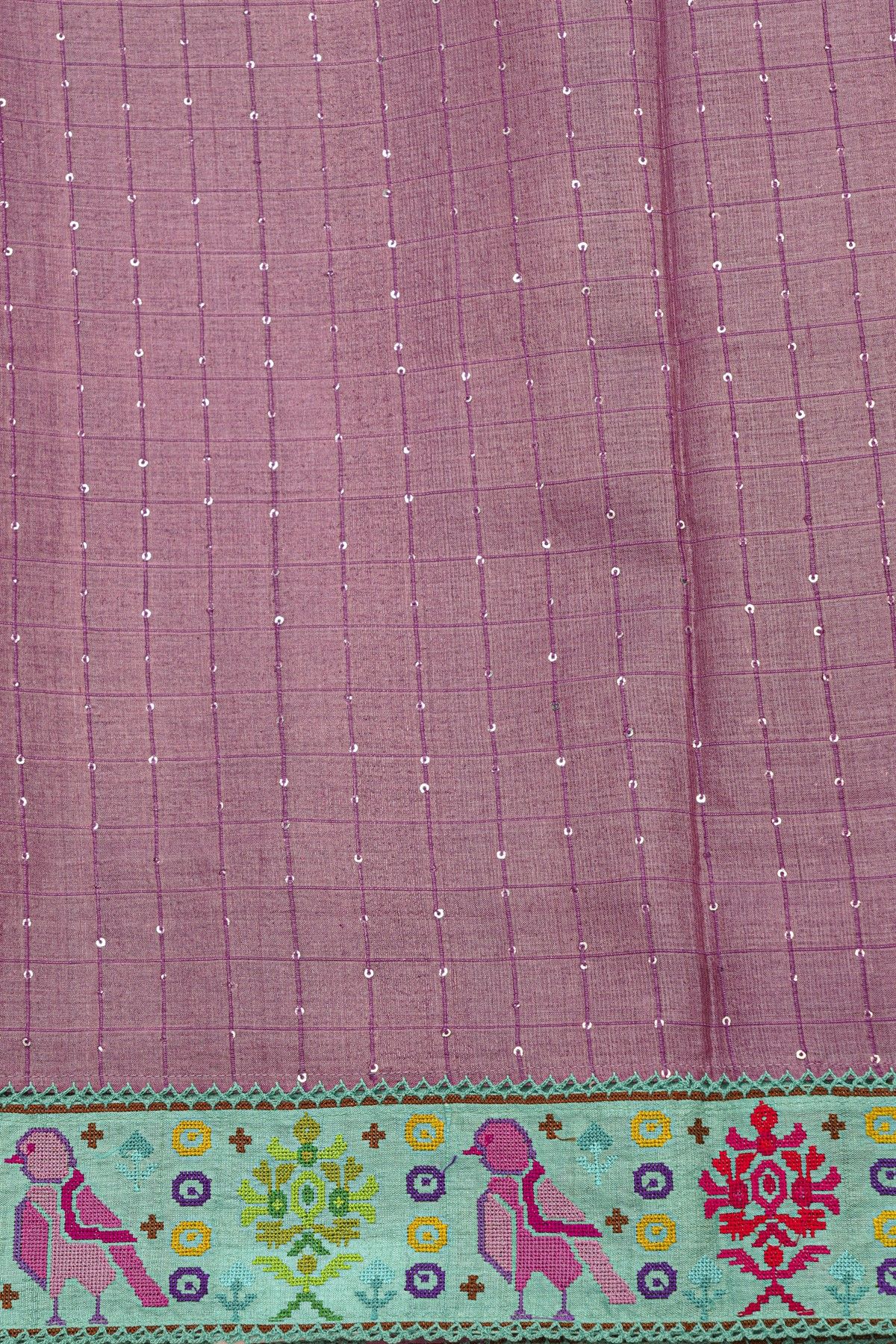 Fancy Tussar Onion Pink Saree With Cross Stich Work Border