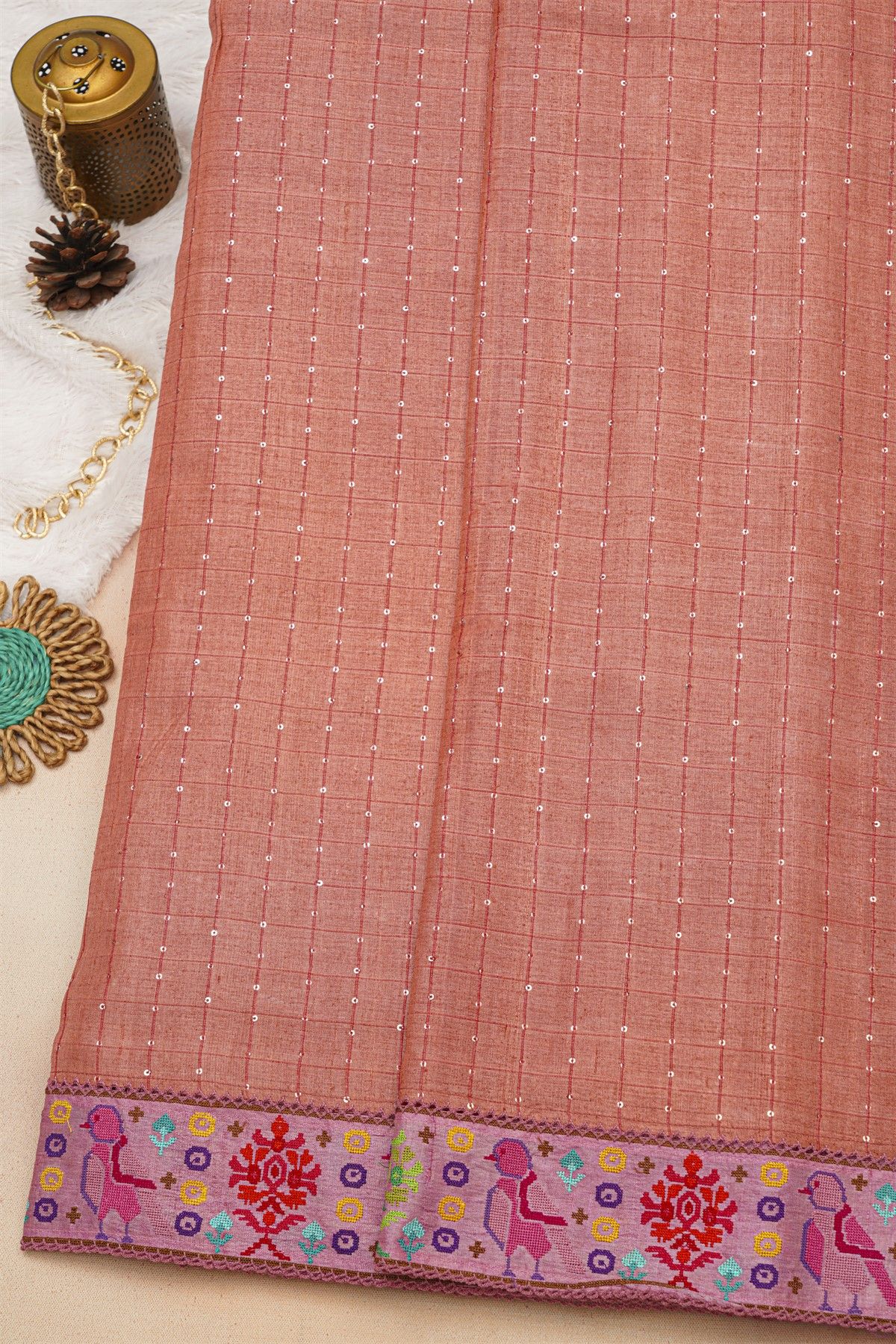 Fancy Tussar Peach Pink Saree With Cross Stich Work Border