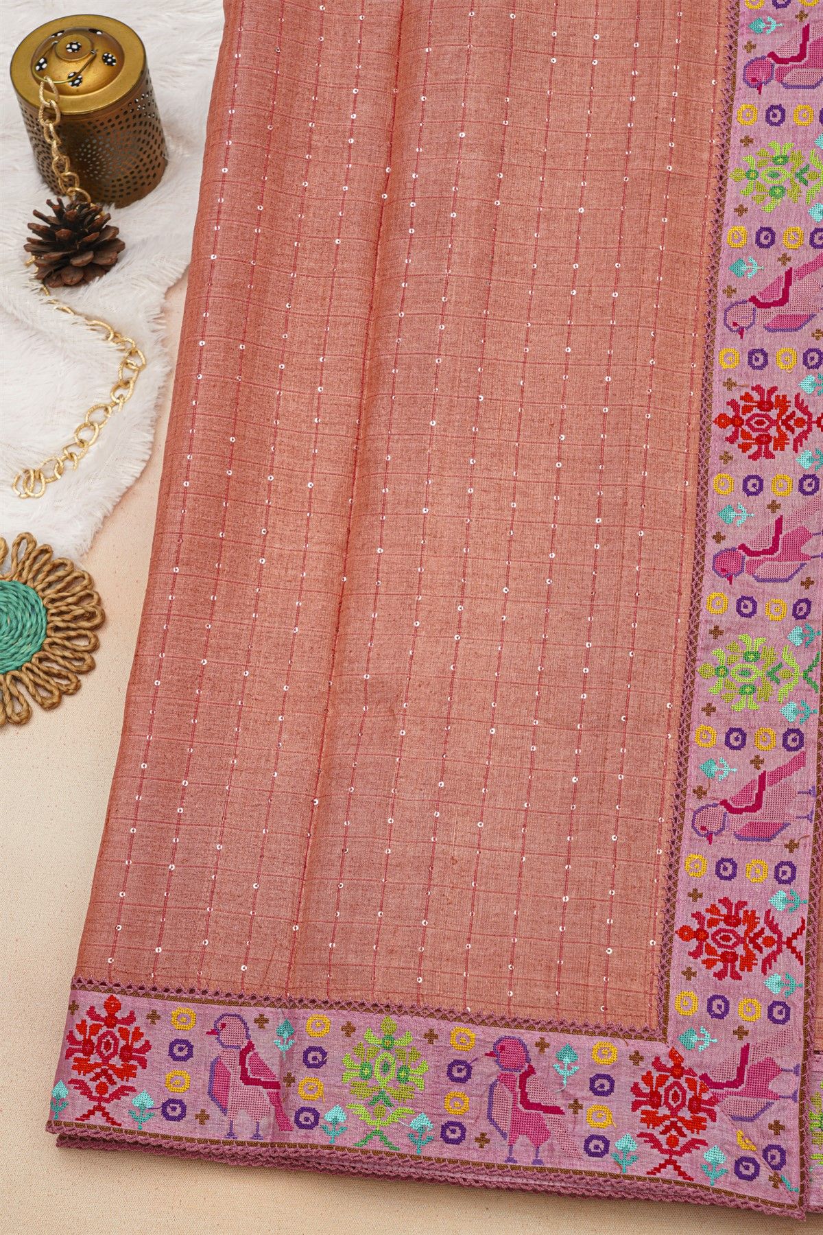 Fancy Tussar Peach Pink Saree With Cross Stich Work Border