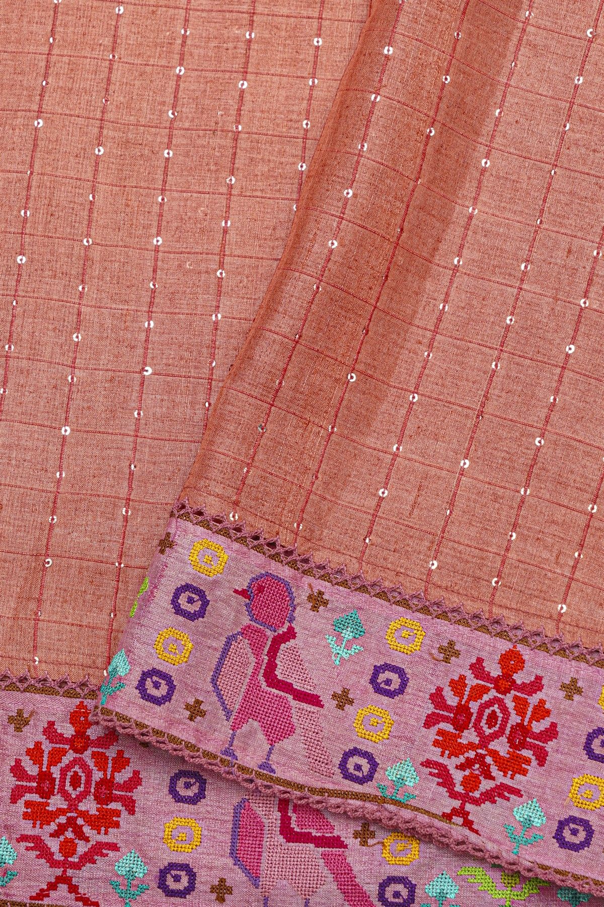 Fancy Tussar Peach Pink Saree With Cross Stich Work Border