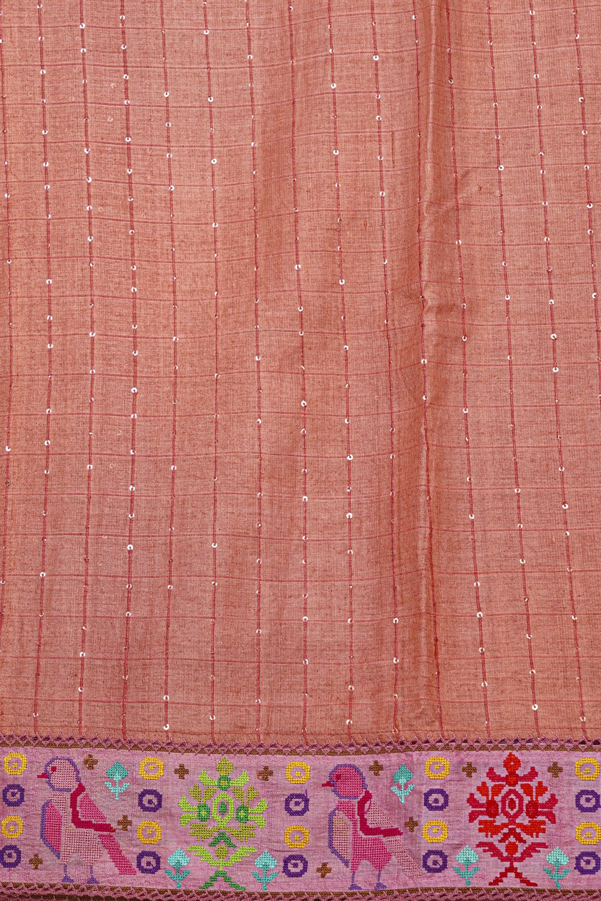 Fancy Tussar Peach Pink Saree With Cross Stich Work Border