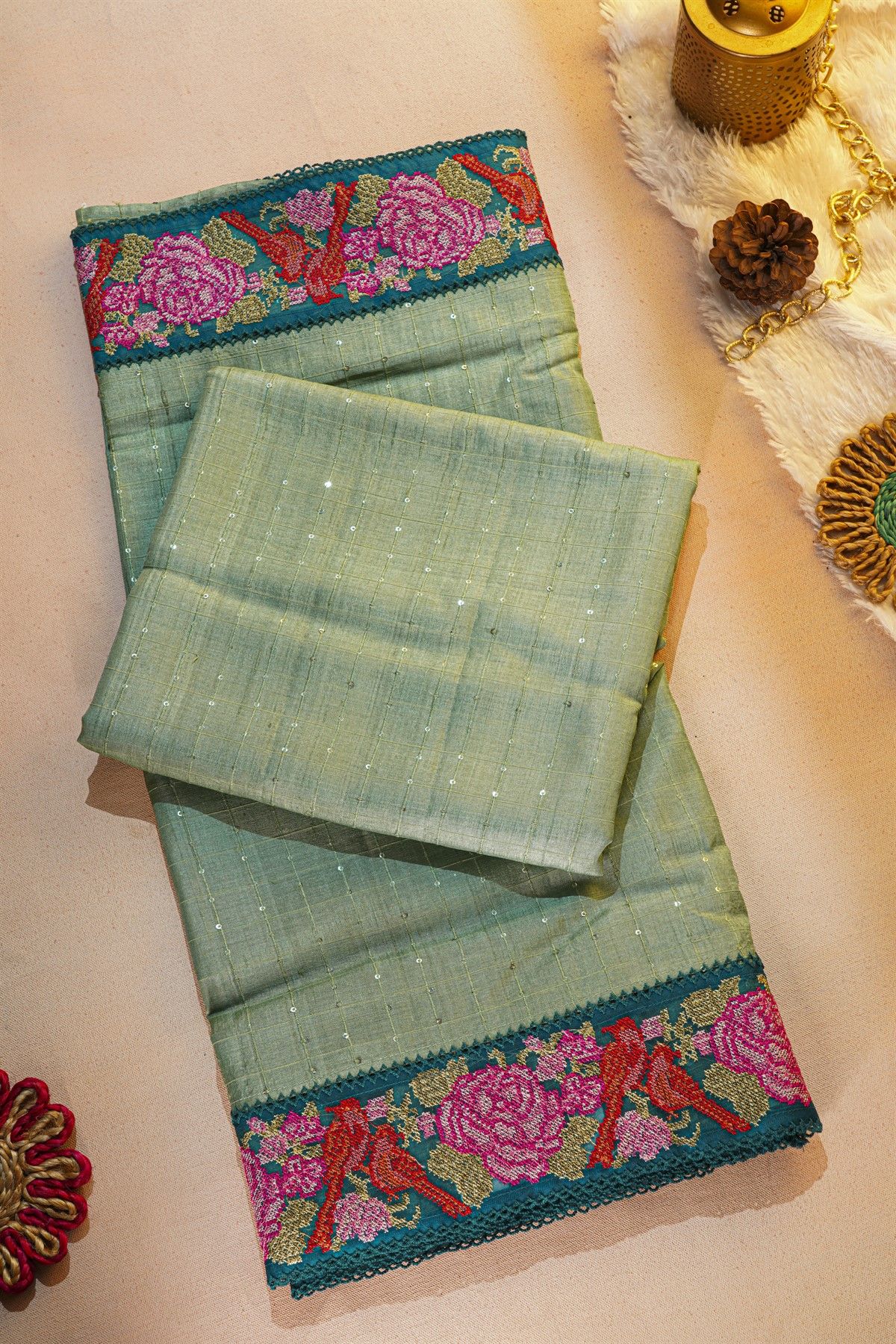 Fancy Tussar Sea Green Saree With Cross Stich Work Border