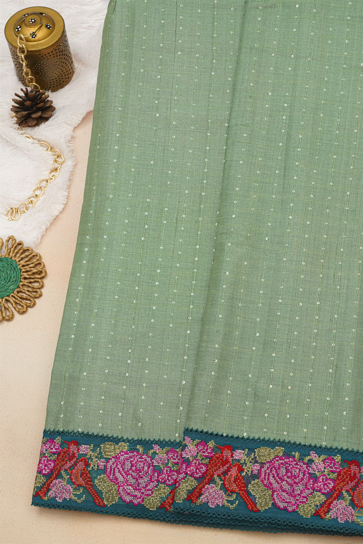 Fancy Tussar Sea Green Saree With Cross Stich Work Border
