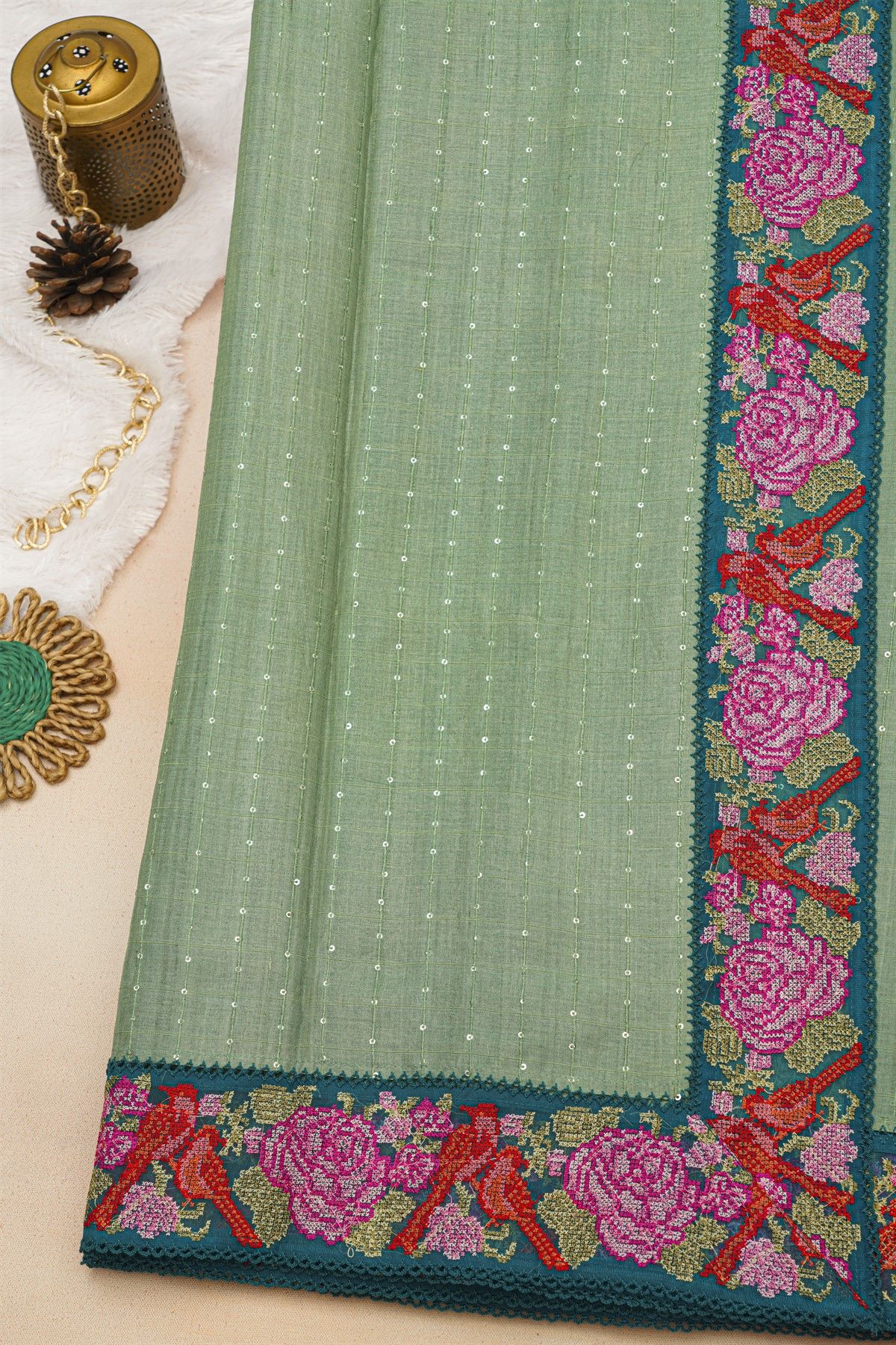Fancy Tussar Sea Green Saree With Cross Stich Work Border