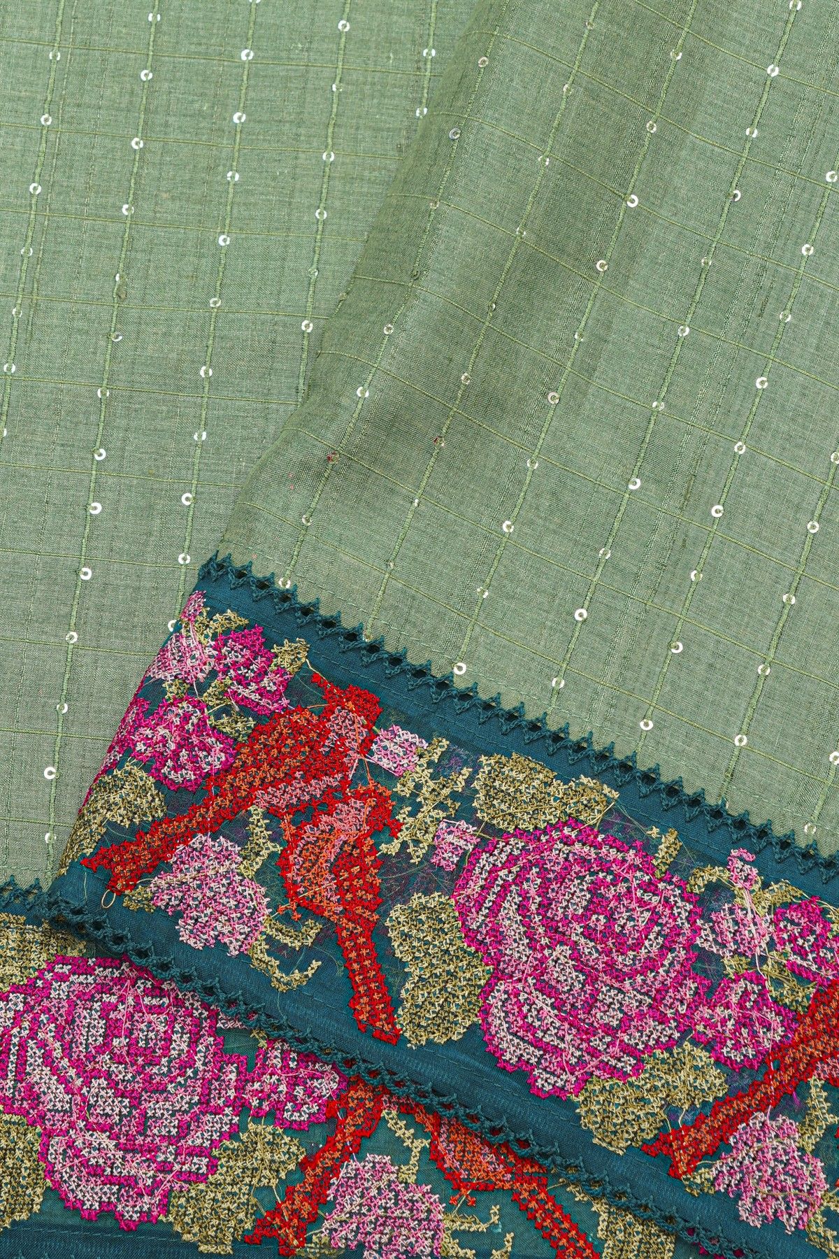 Fancy Tussar Sea Green Saree With Cross Stich Work Border