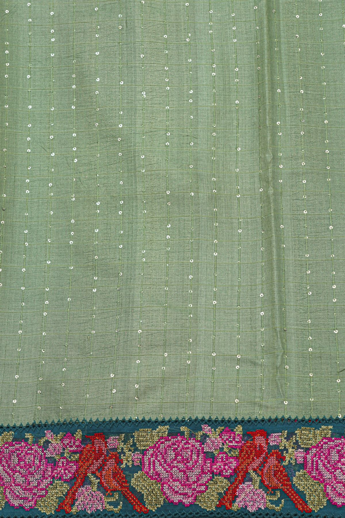 Fancy Tussar Sea Green Saree With Cross Stich Work Border