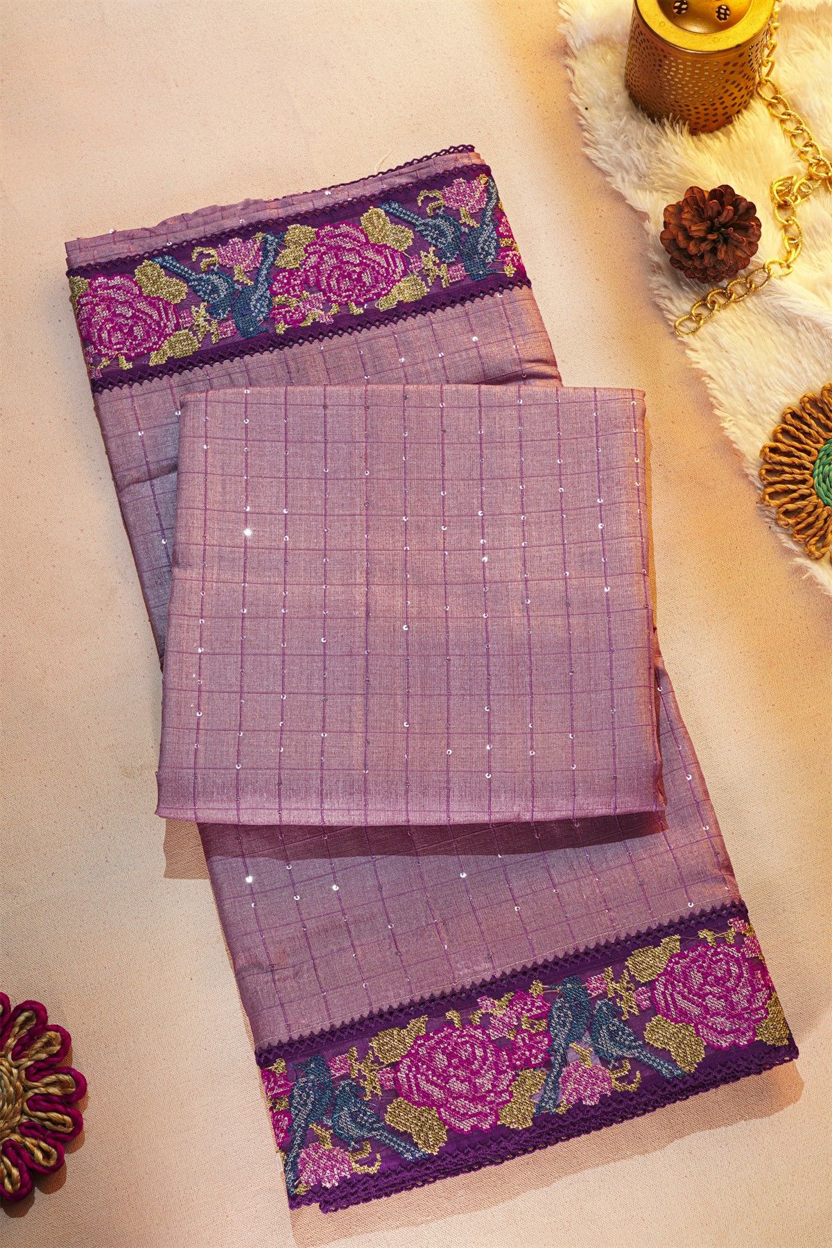 Fancy Tussar Onion Pink Saree With Florals And Birds Cross Stich Work Border