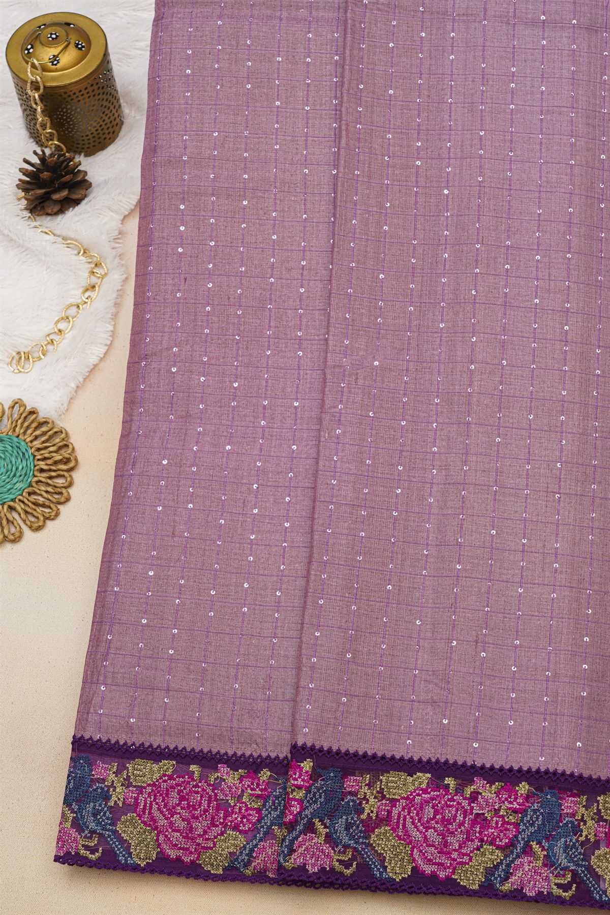 Fancy Tussar Onion Pink Saree With Florals And Birds Cross Stich Work Border