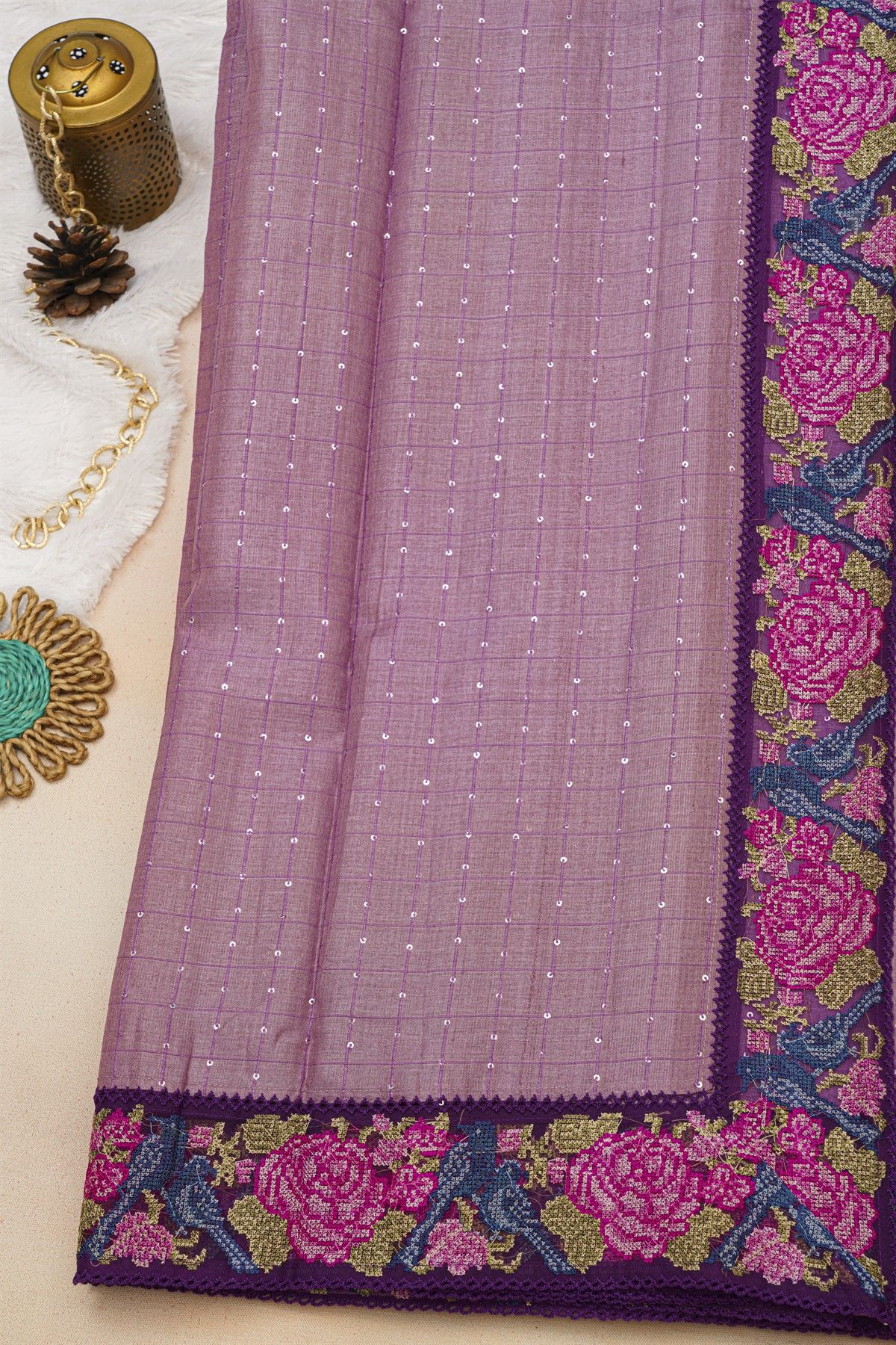 Fancy Tussar Onion Pink Saree With Florals And Birds Cross Stich Work Border