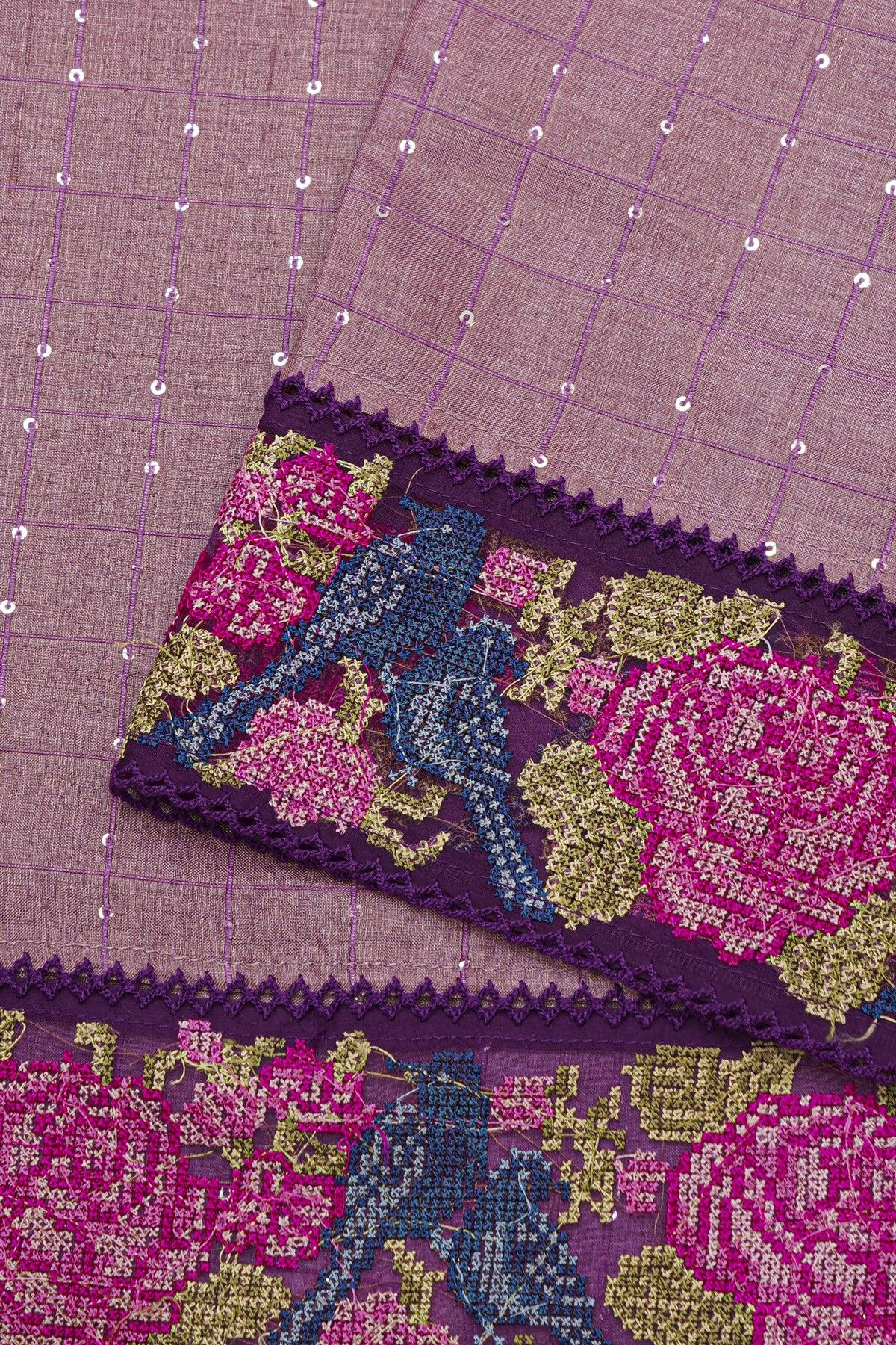 Fancy Tussar Onion Pink Saree With Florals And Birds Cross Stich Work Border