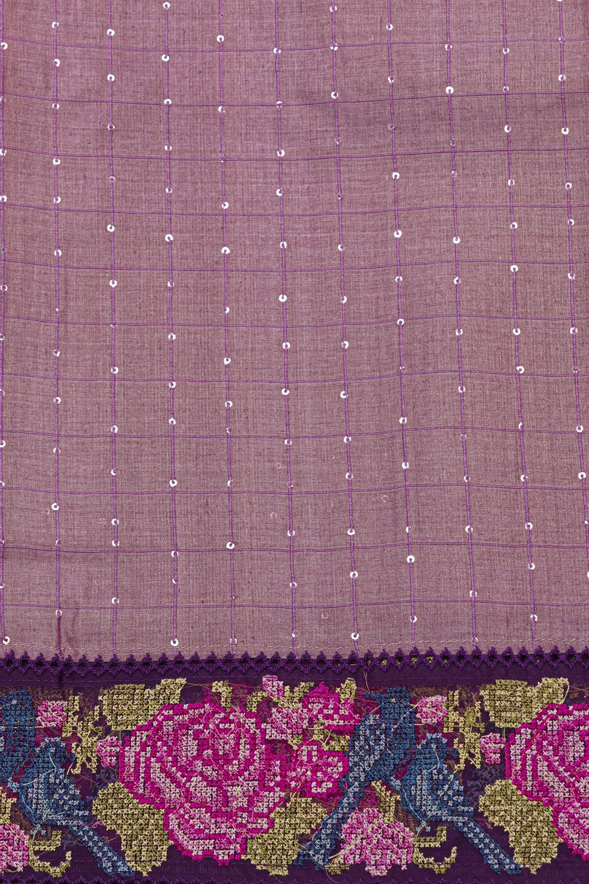 Fancy Tussar Onion Pink Saree With Florals And Birds Cross Stich Work Border