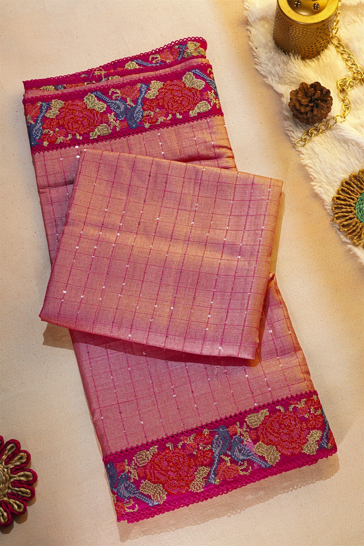 Fancy Tussar Dark Pink Saree With Cross Stich Work Border
