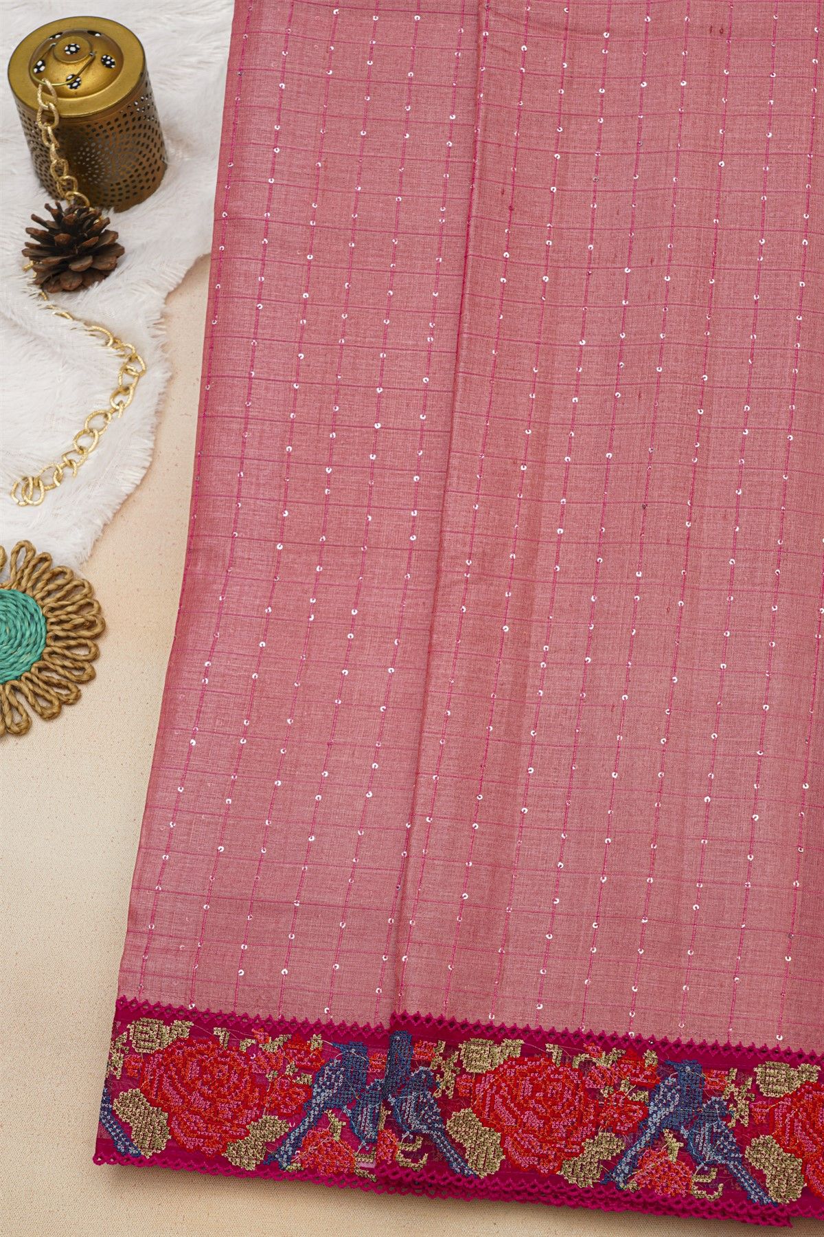 Fancy Tussar Dark Pink Saree With Cross Stich Work Border