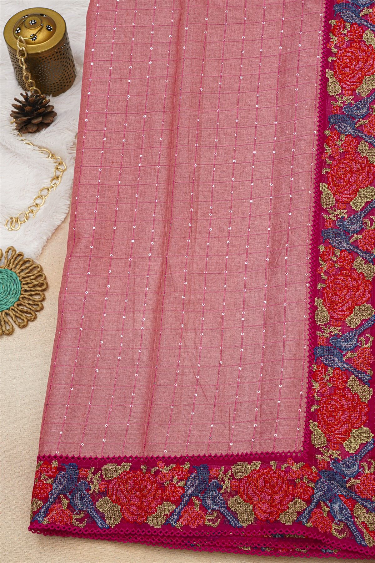 Fancy Tussar Dark Pink Saree With Cross Stich Work Border
