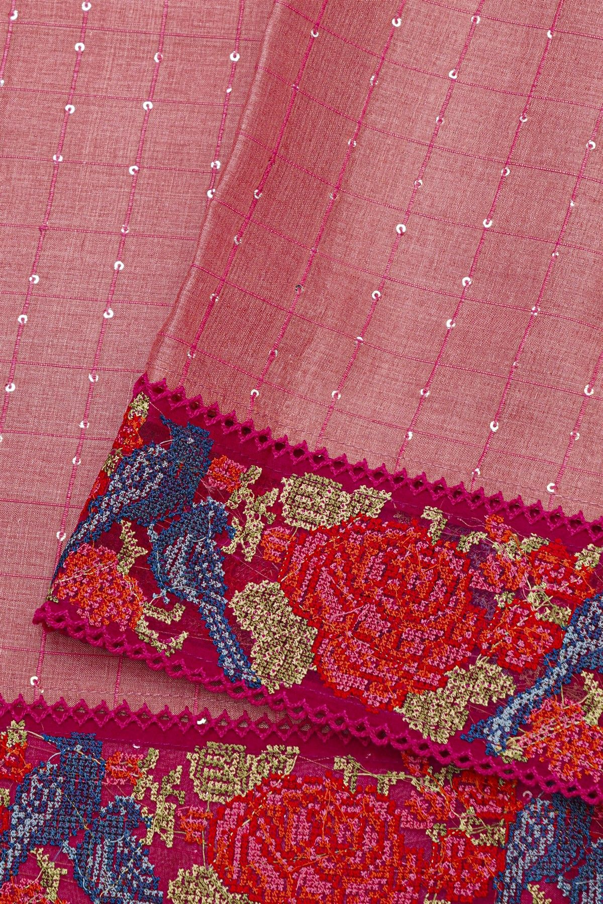 Fancy Tussar Dark Pink Saree With Cross Stich Work Border